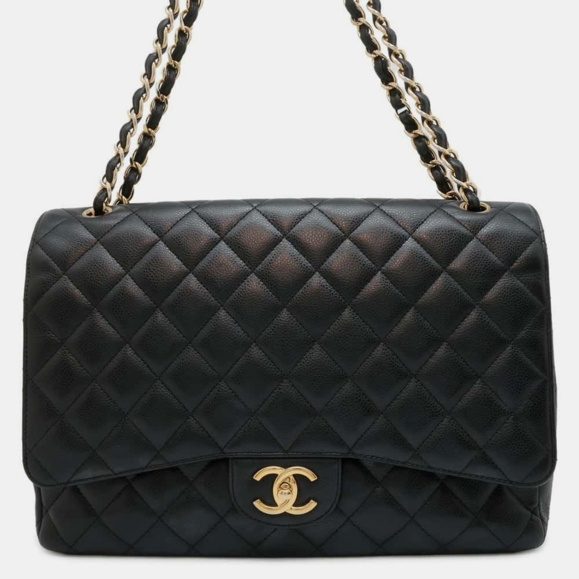 

Chanel Caviar Skin Dekamato Black Matelasse 34 Maxi Coco Mark Double Flap Chain Shoulder Bag