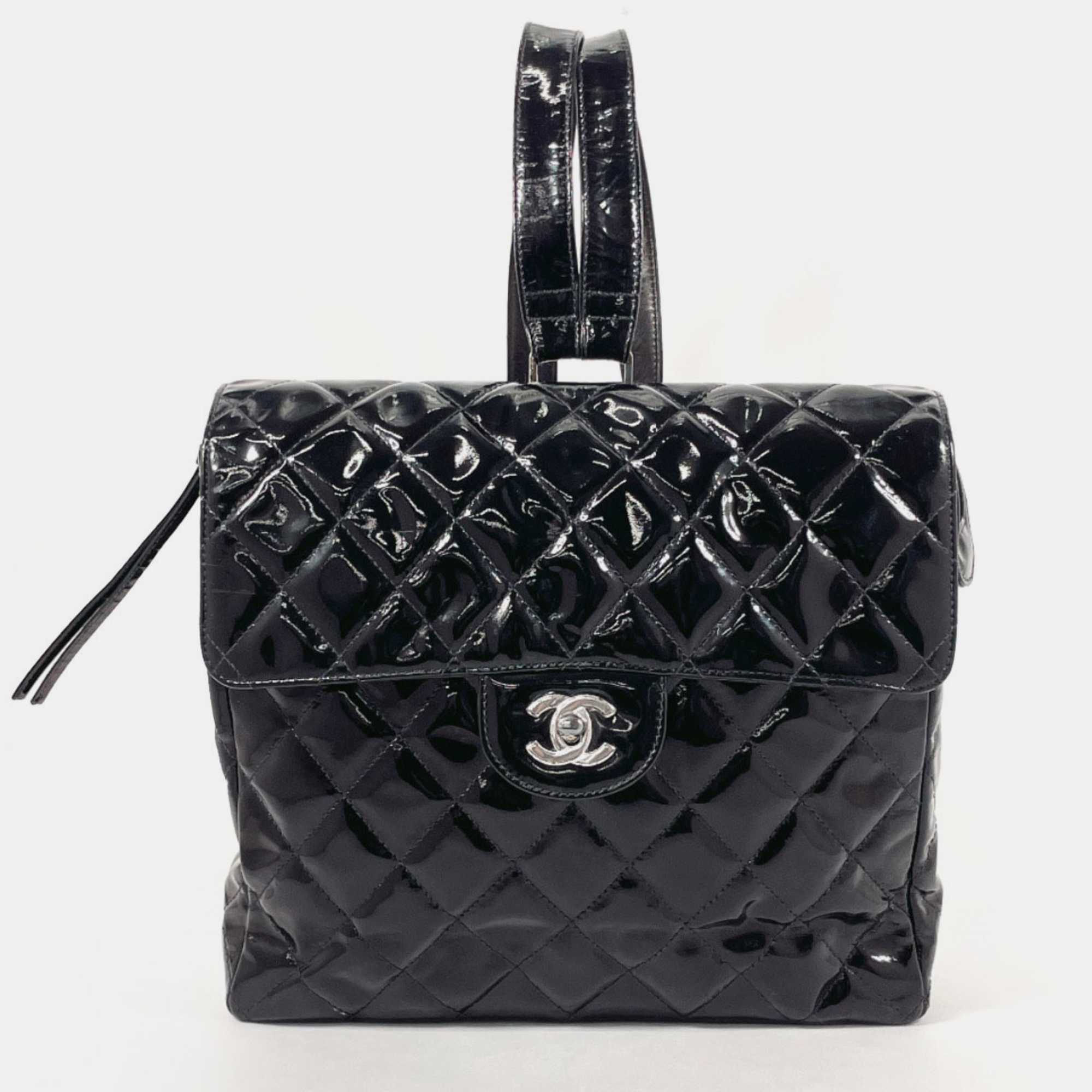 

Chanel Patent Leather Black Matelasse Backpack