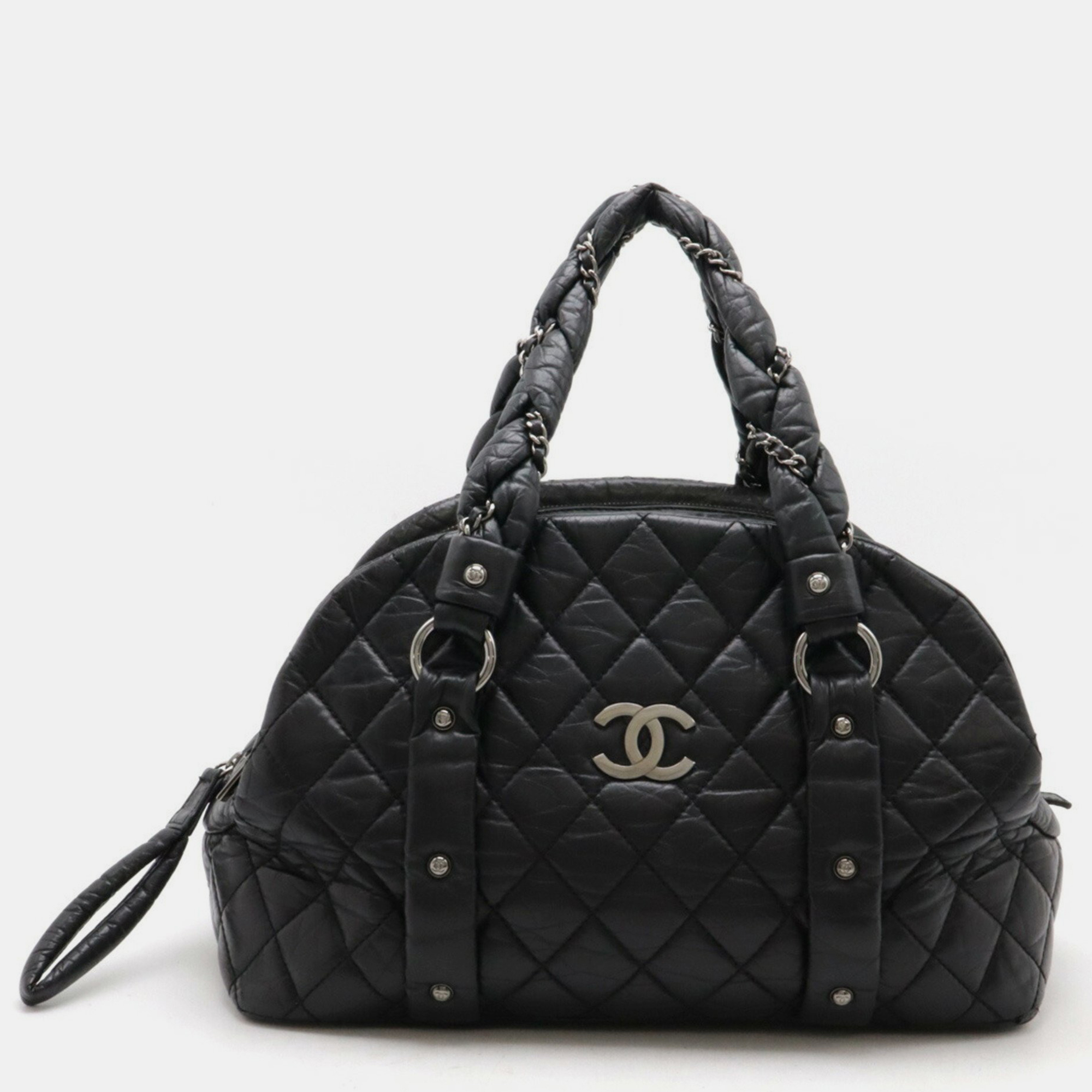 

Chanel Leather Black Matelasse Coco Mark Boston Chain Handbag