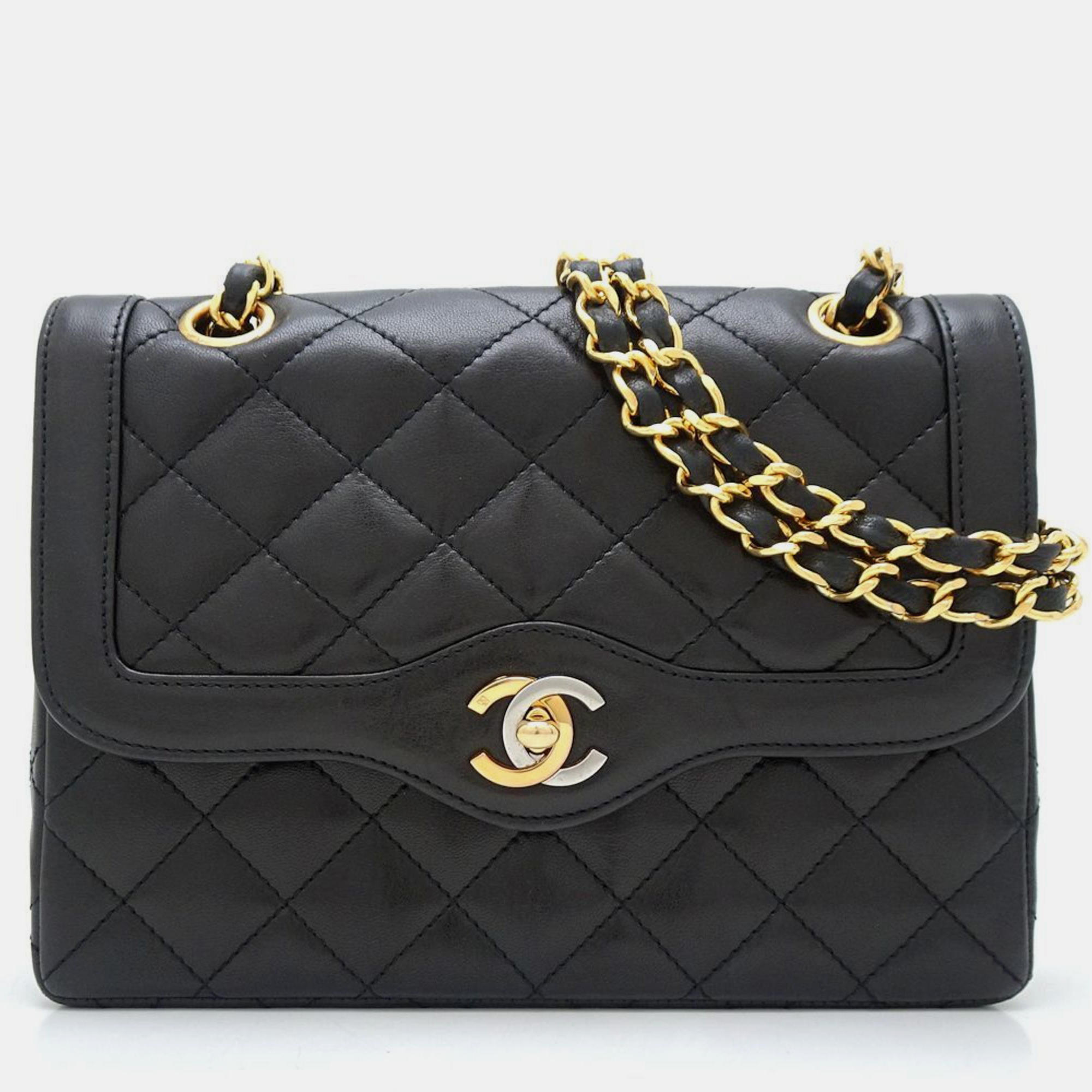 

Chanel Lambskin Black Matelasse Double Flap Chain Shoulder Bag