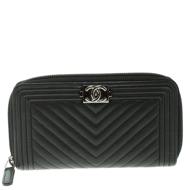 Chanel Black Chevron Leather Boy Zip Around Wallet