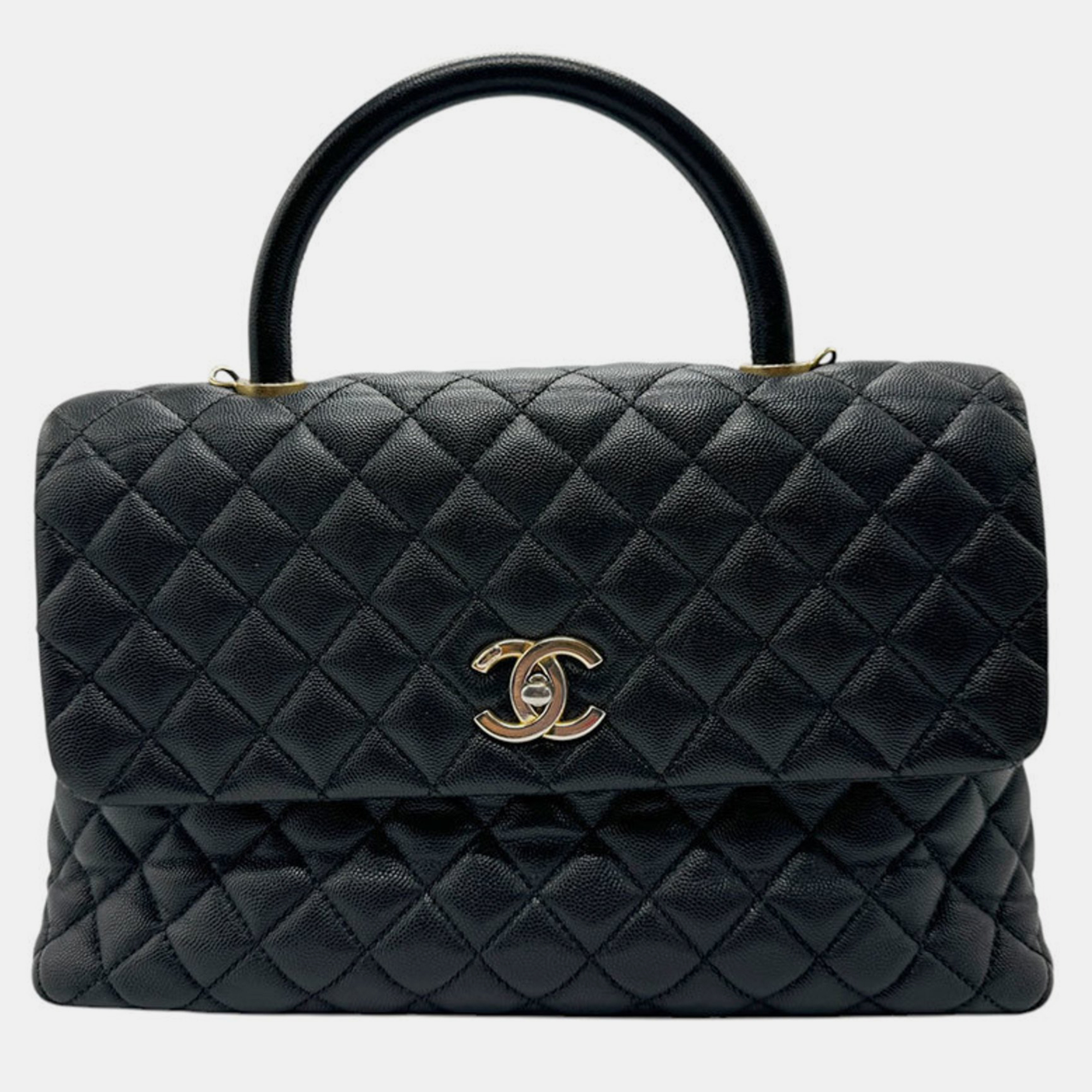 

Chanel Caviar Skin Leather Black Gold With Coco Handle Handbag