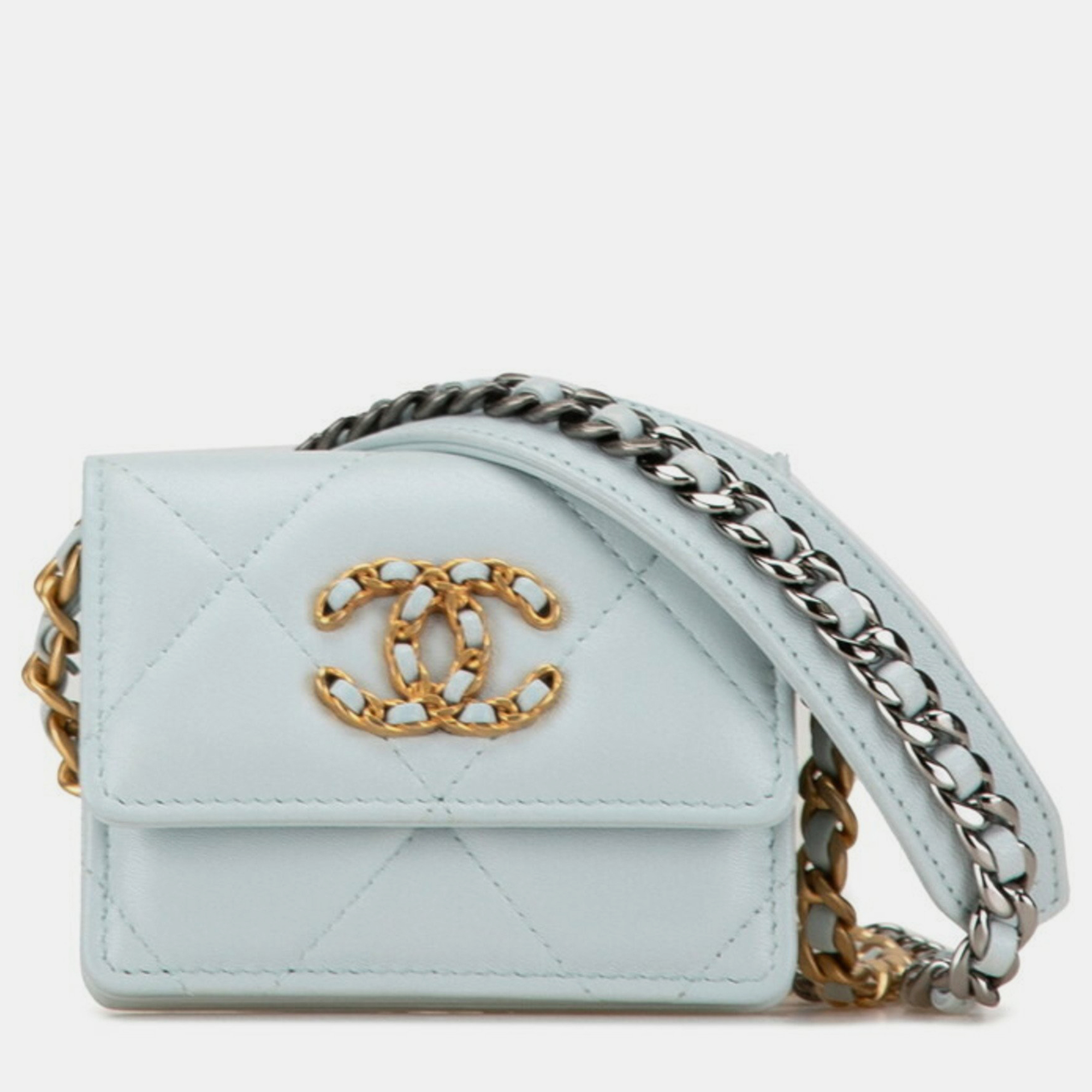 

Chanel Light Blue Lambskin Matelasse 19 Coco Mark Chain Wallet