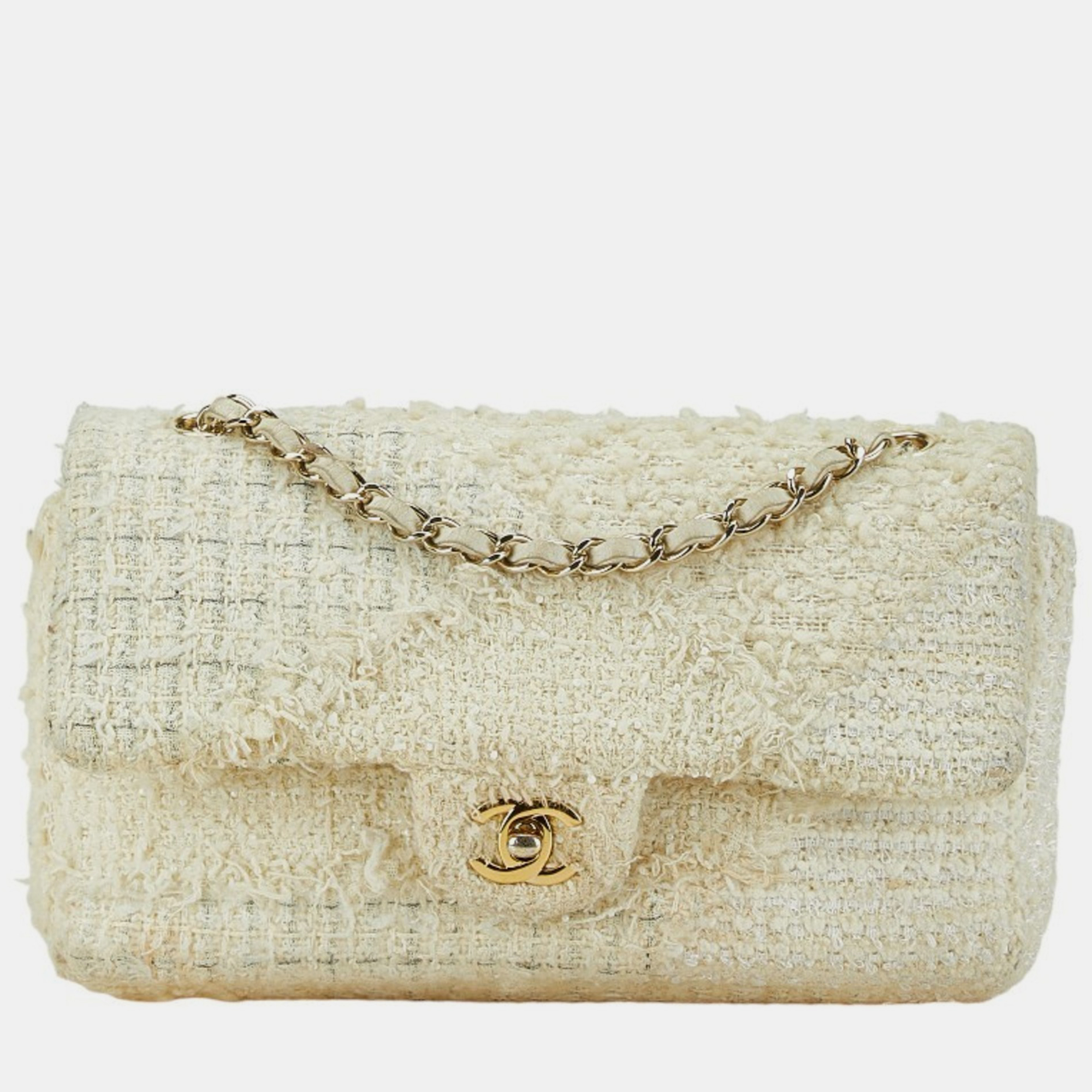 

Chanel Beige Ivory Tweed Leather Matelasse 25 Coco Mark Double Flap Chain Shoulder Bag