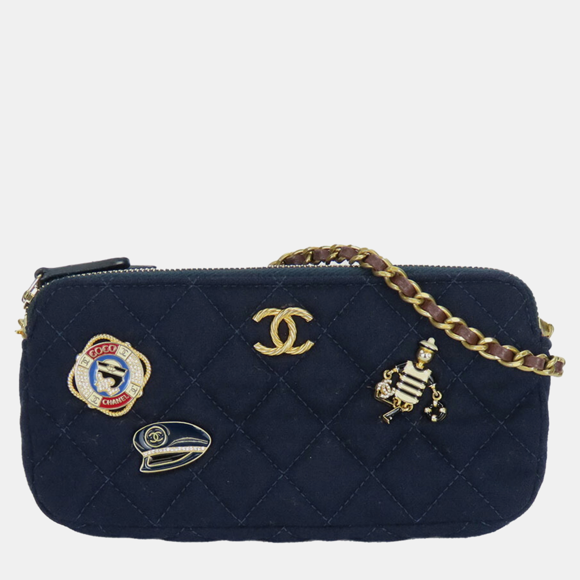 

Chanel Navy Marine Cotton Phone Coco Mark Chain Shoulder Bag, Navy blue