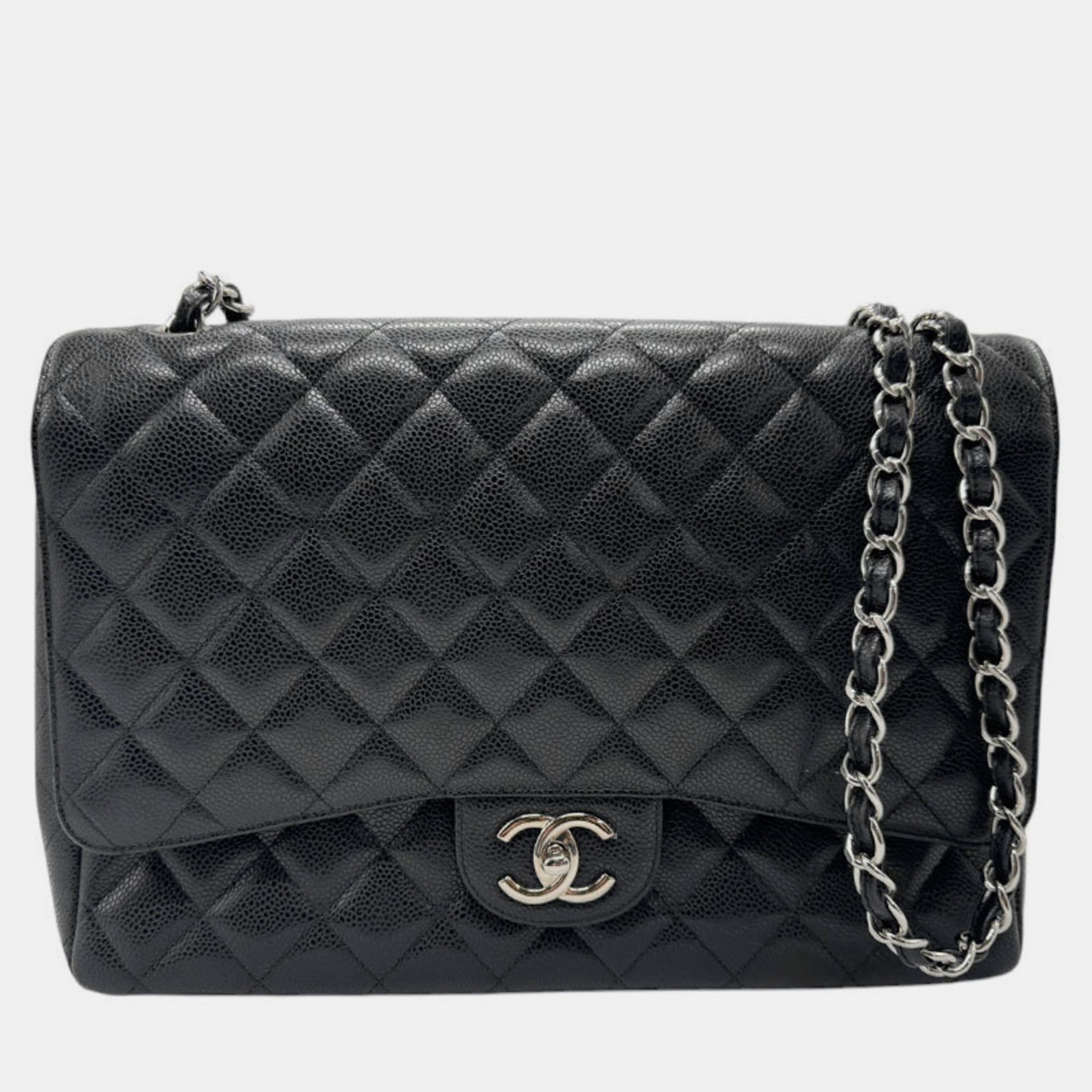 

Chanel Caviar Skin Leather Black Silver Matelasse Double Flap Shoulder Bag