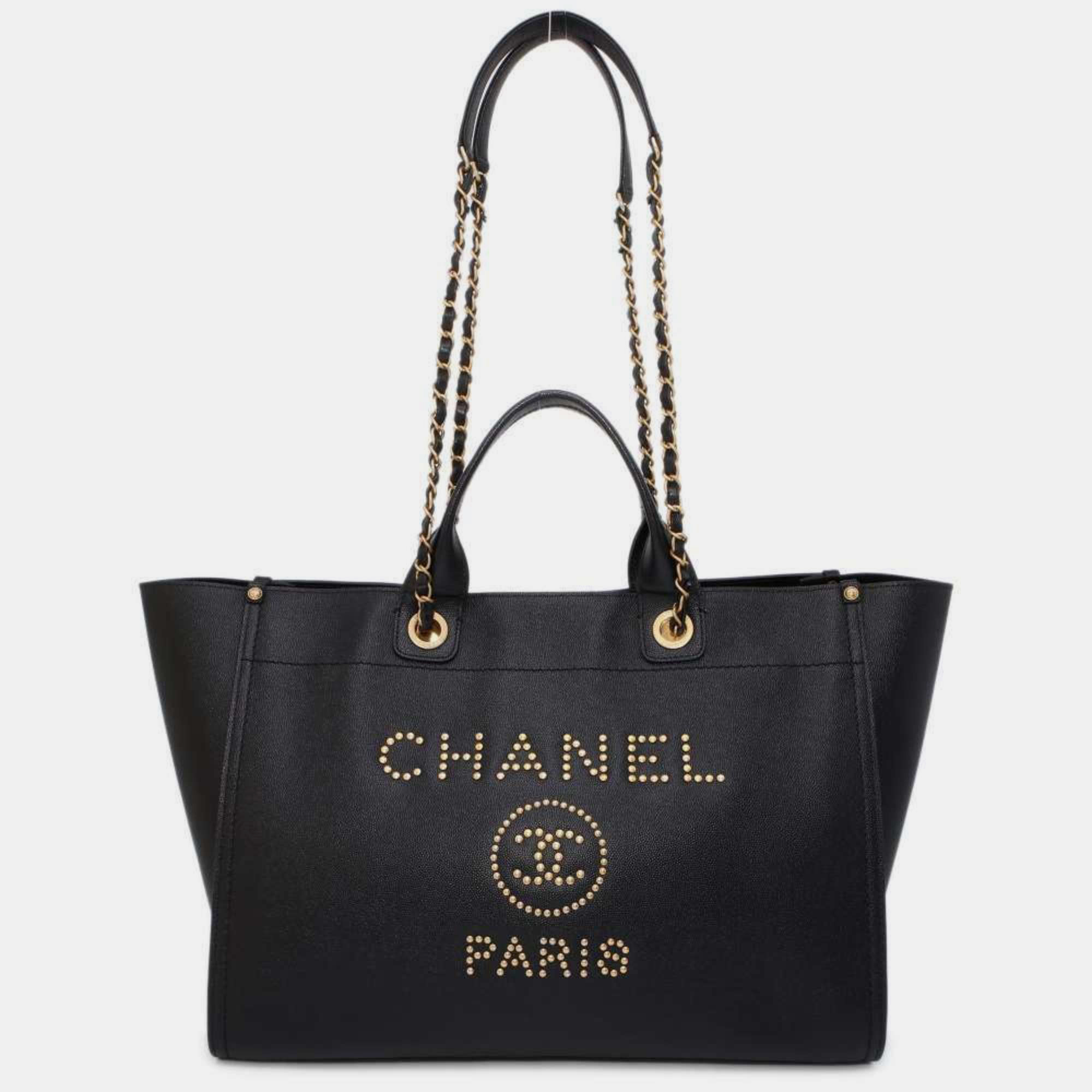 

Chanel Caviar Skin Black Deauville Coco Mark Studs Large Tote Bag