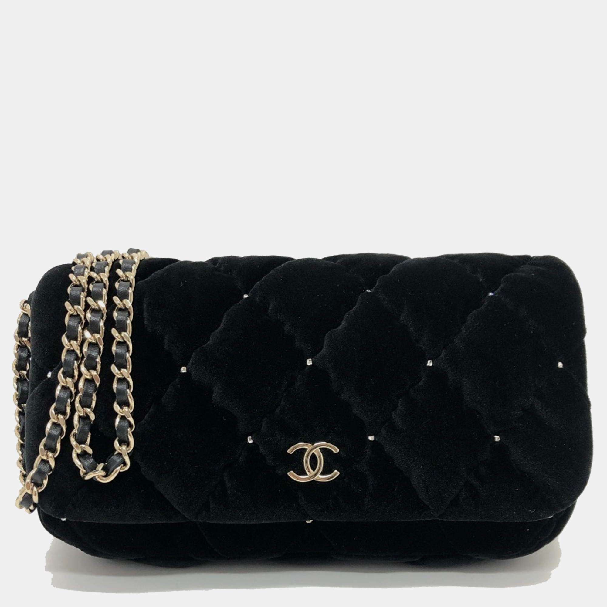 

Chanel Black Velour Matelasse Rhinestone Chain Shoulder Bag