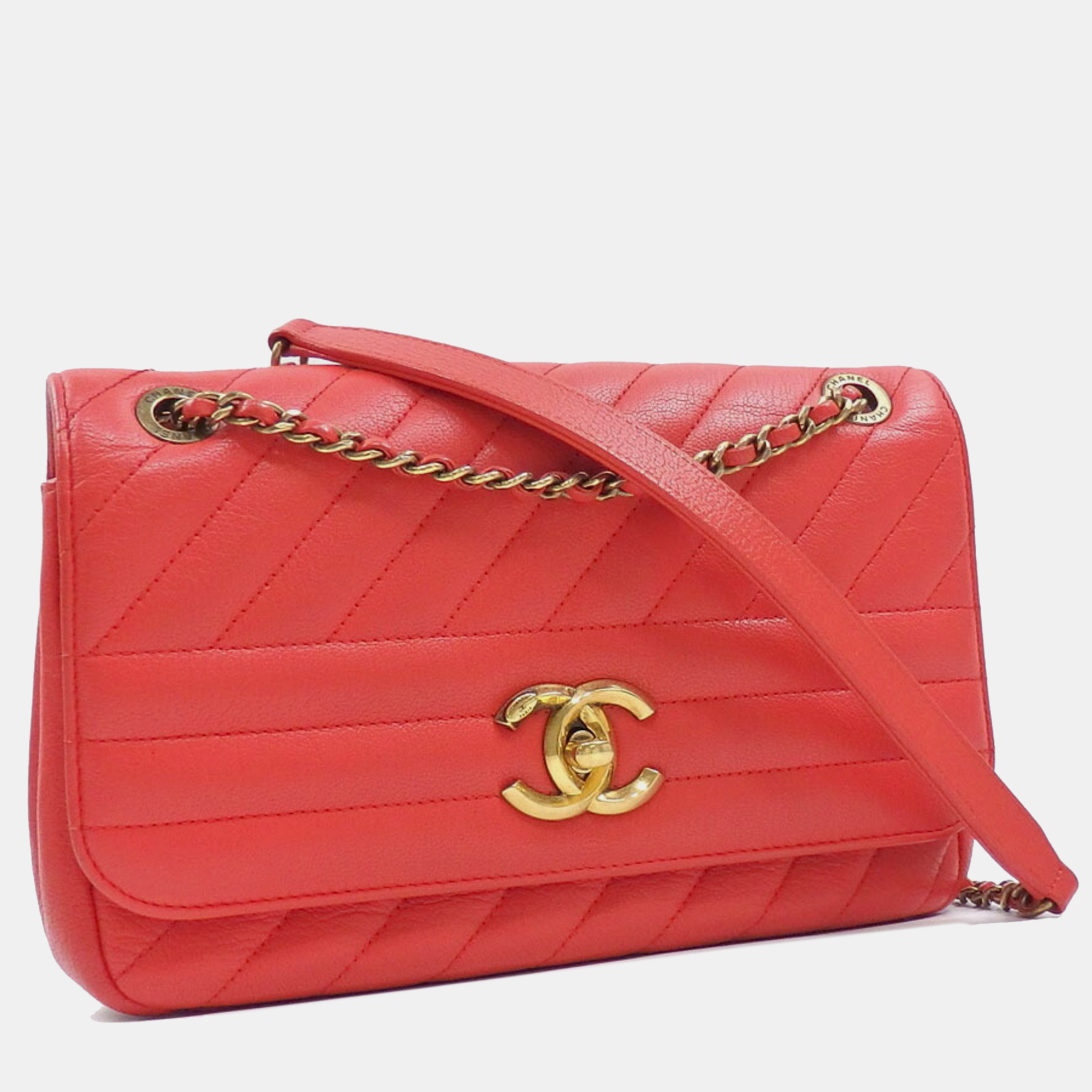 

Chanel Red Calfskin Coco Mark Leather W Chain Shoulder Bag