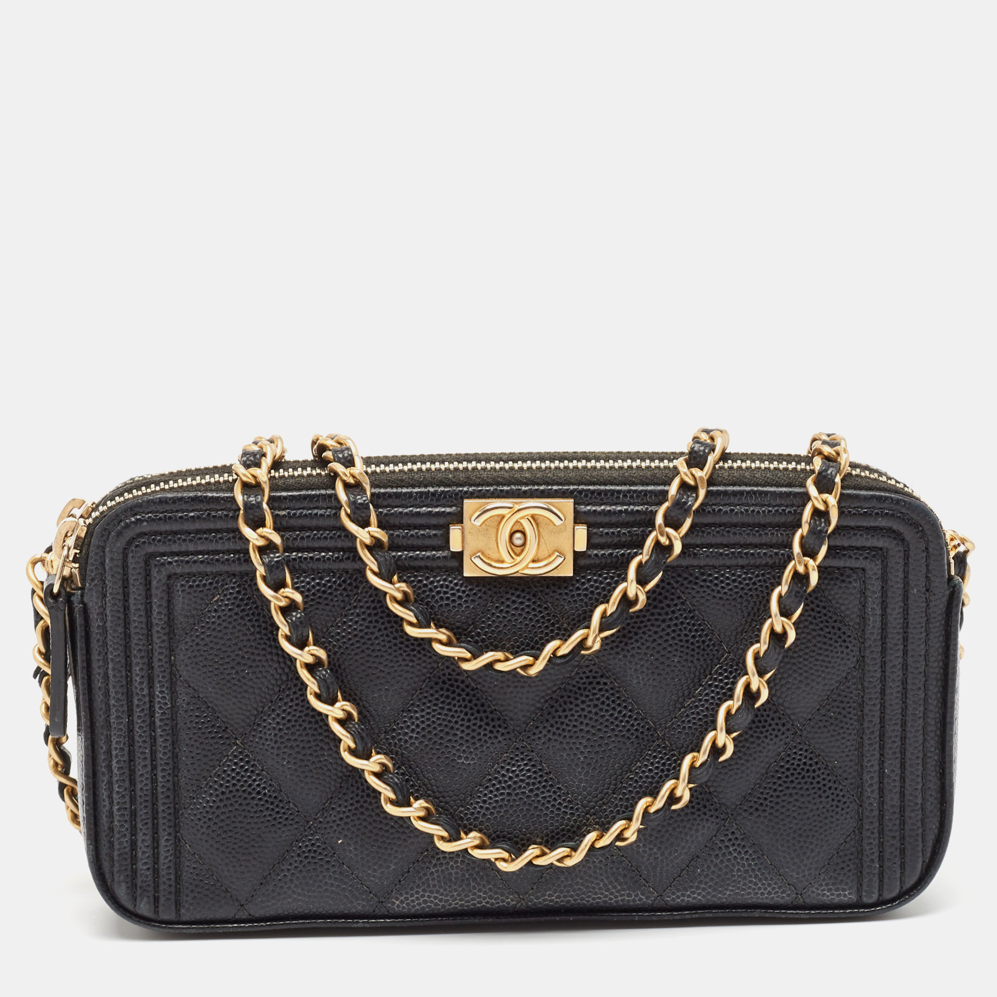 

Chanel Black Quilted Caviar Leather Double Zip Clutch Bag