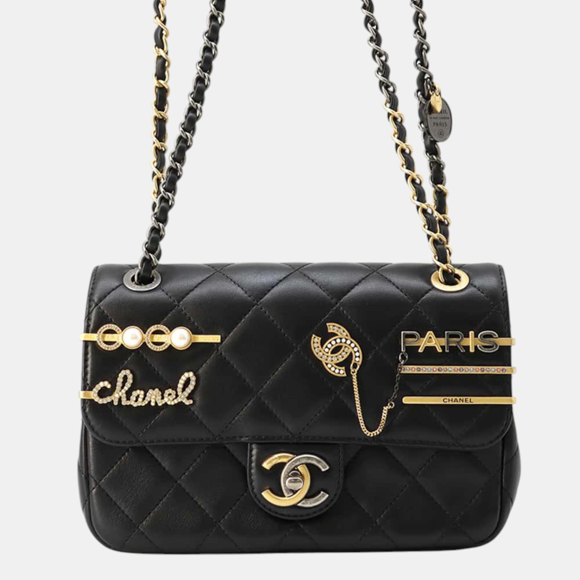 

Chanel Black Lambskin Matelasse Charm Single Flap Chain Shoulder Bag