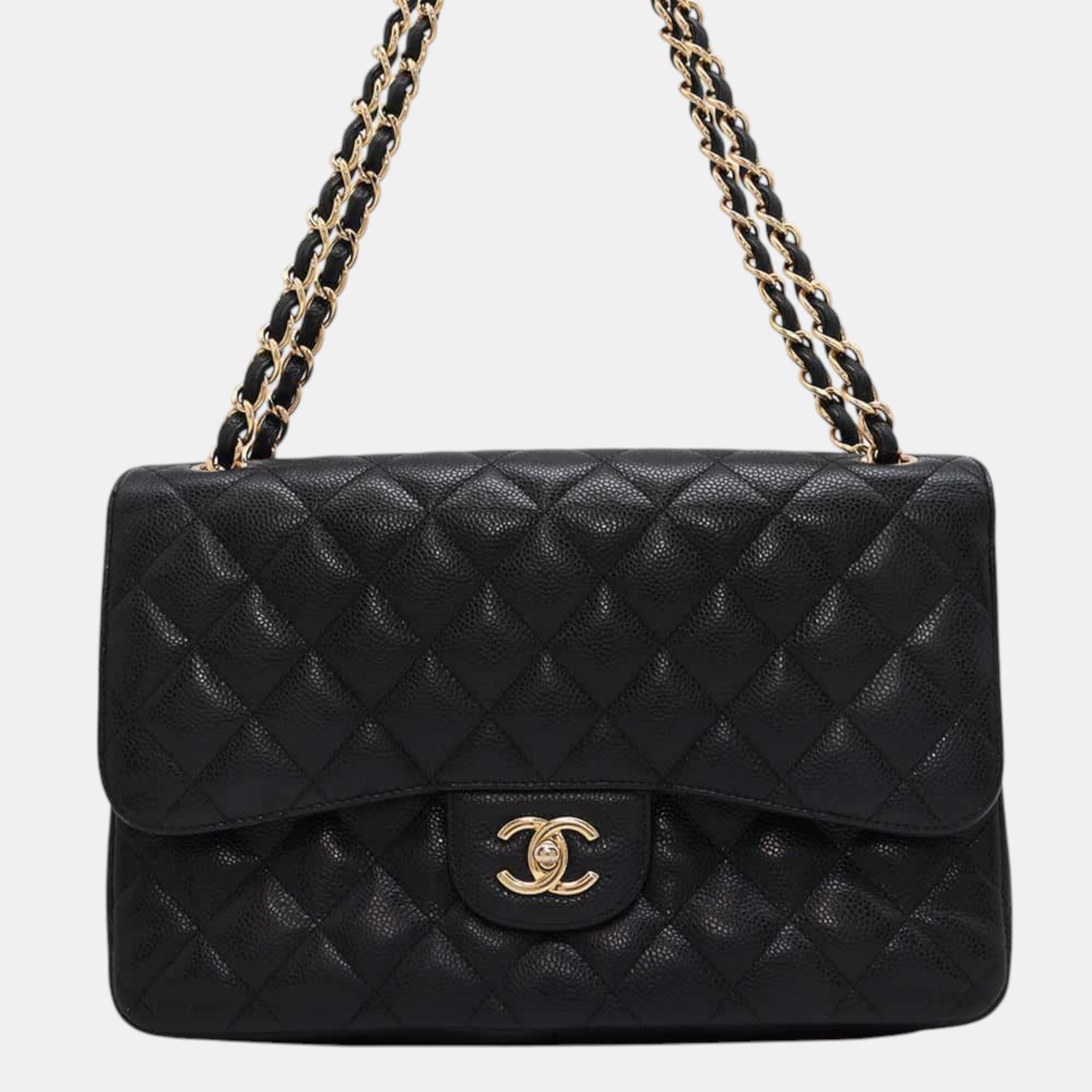 

Chanel Black Caviar Leather Matelasse Double Flap Chain Shoulder Size