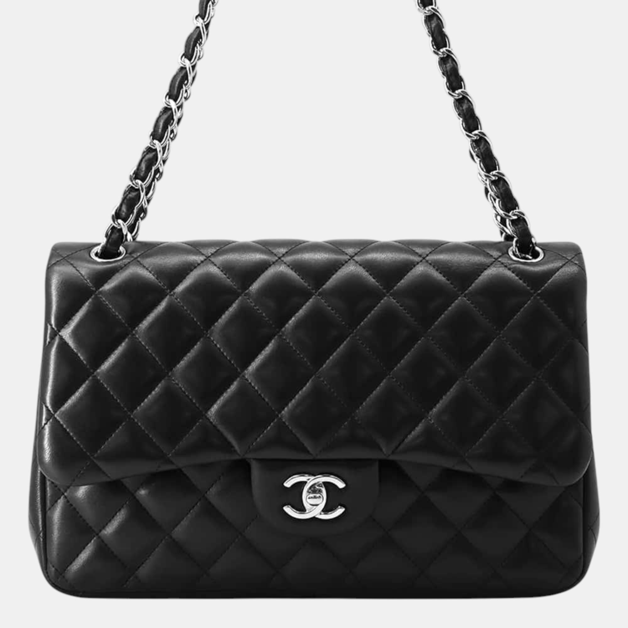 

Chanel Black Lambskin Matelasse Double Flap Chain Shoulder Bag Size