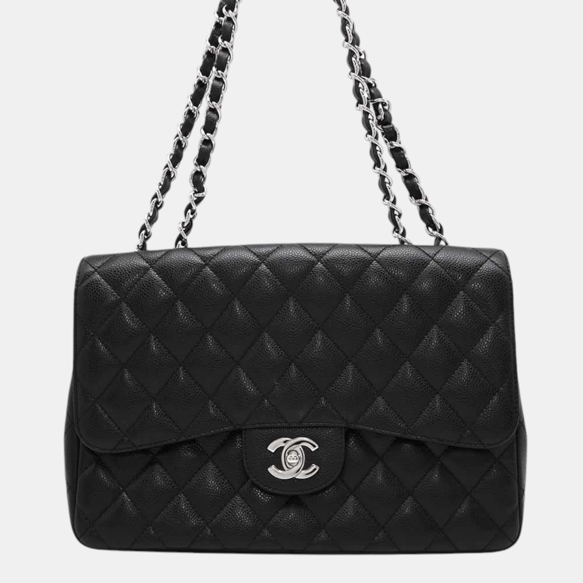 

Chanel Black Caviar Leather Matelasse Single Flap Chain Shoulder Bag Size