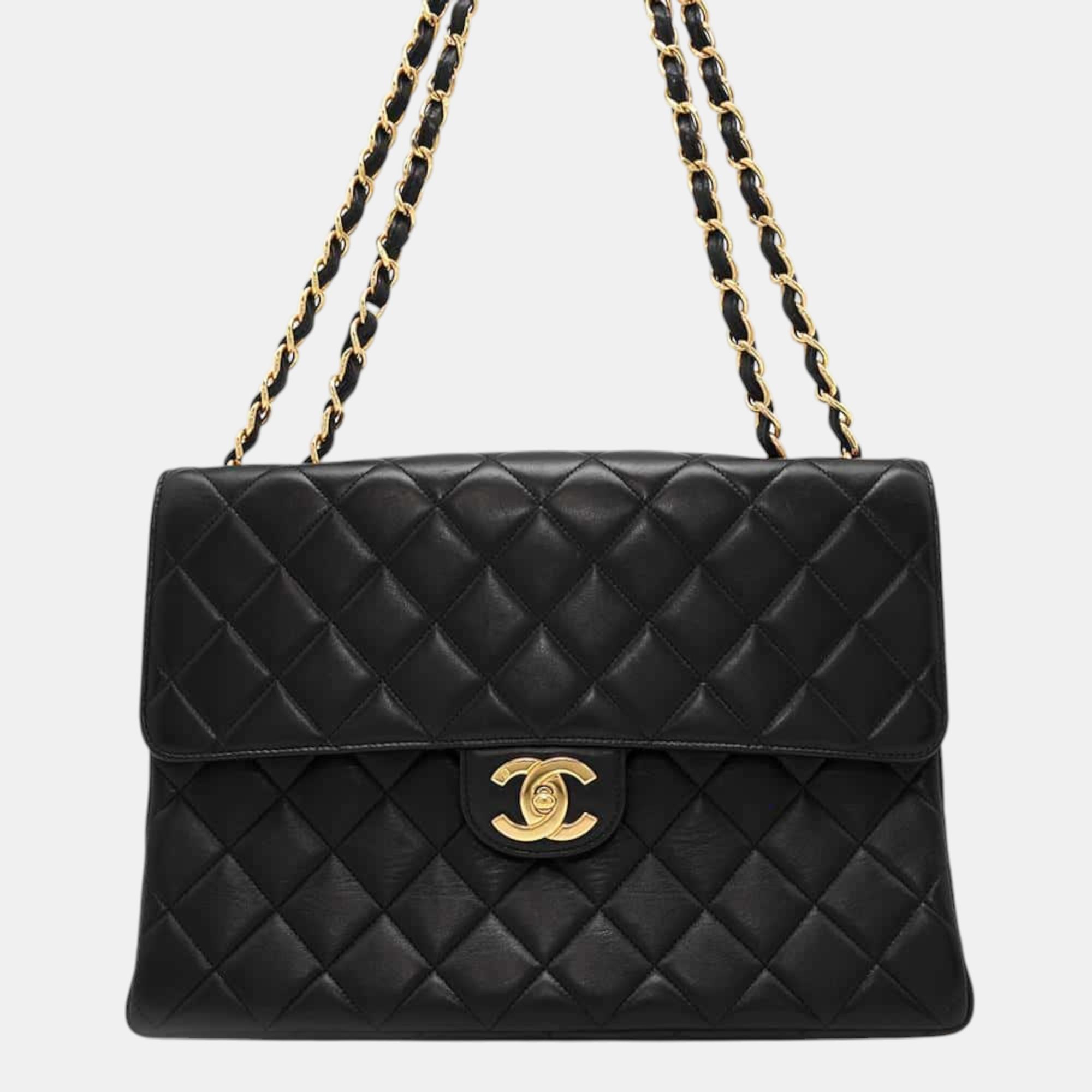 

Chanel Black Lambskin Matelasse Single Flap Chain Shoulder Bag Size