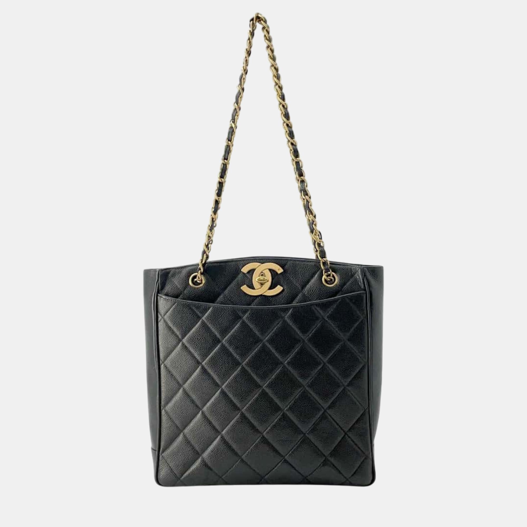 

Chanel Black Caviar Leather Matelasse CC Logo Chain Tote bag