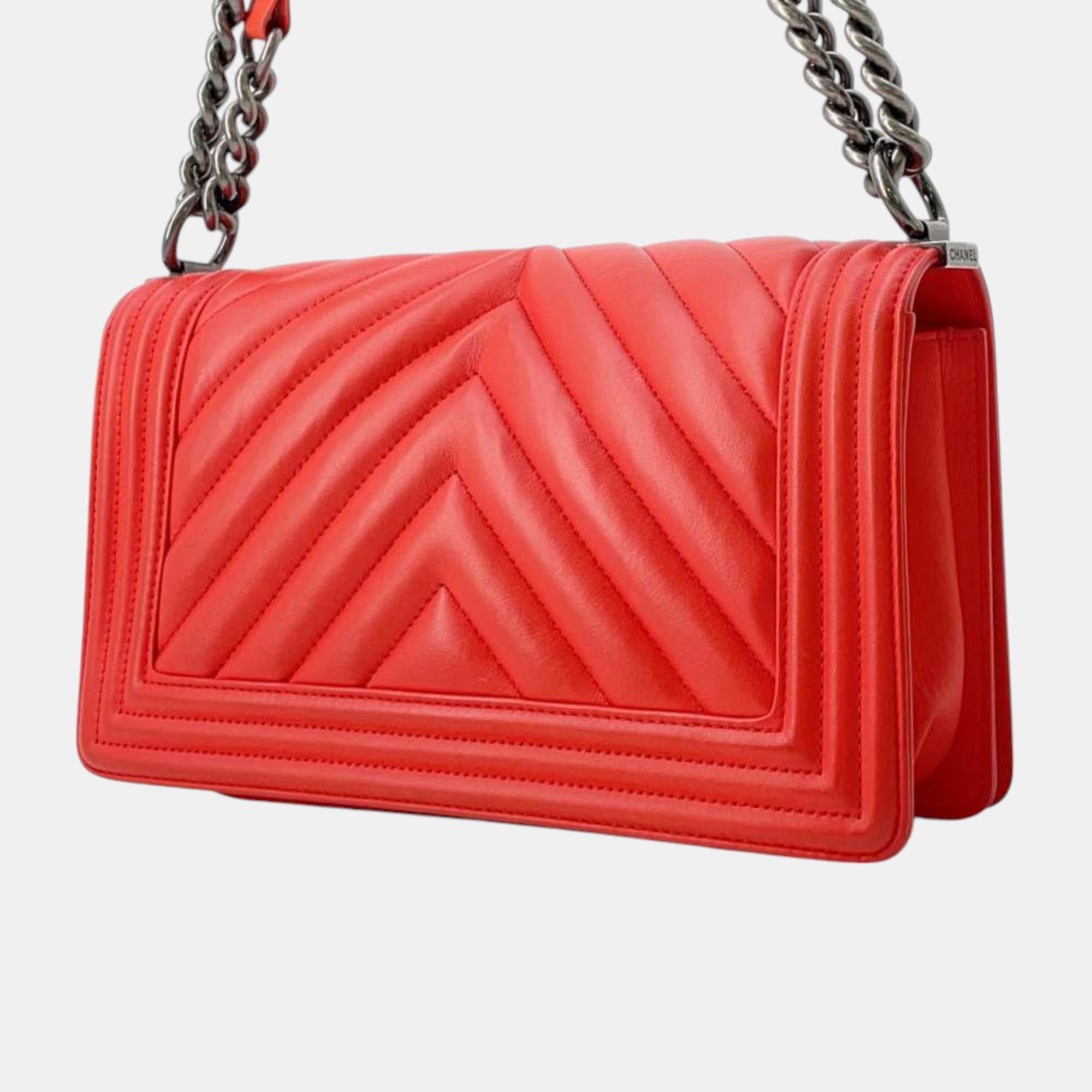 Chanel Carnelian Lambskin Chevron Boy Chanel Chain Shoulder 