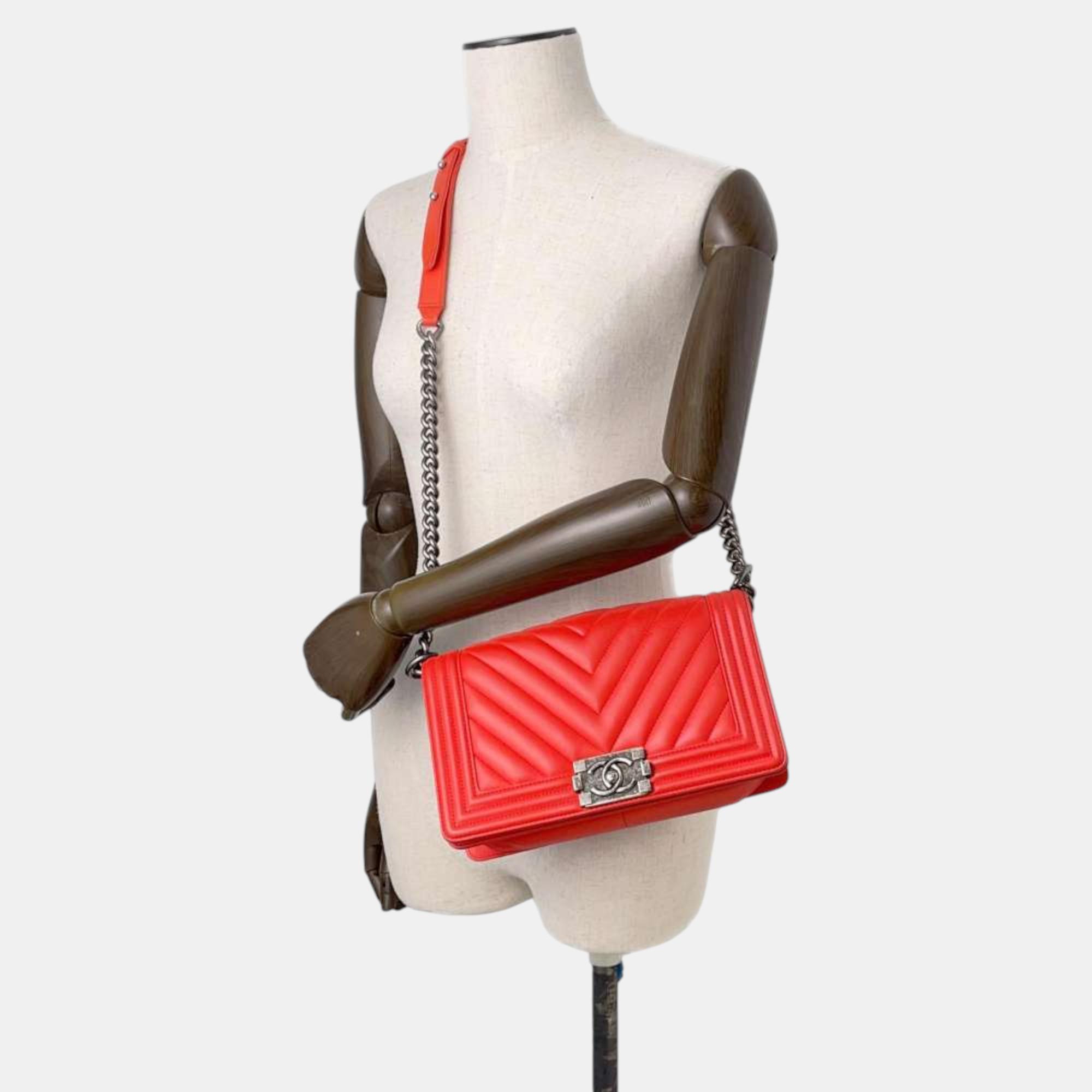 Chanel Carnelian Lambskin Chevron Boy Chanel Chain Shoulder 