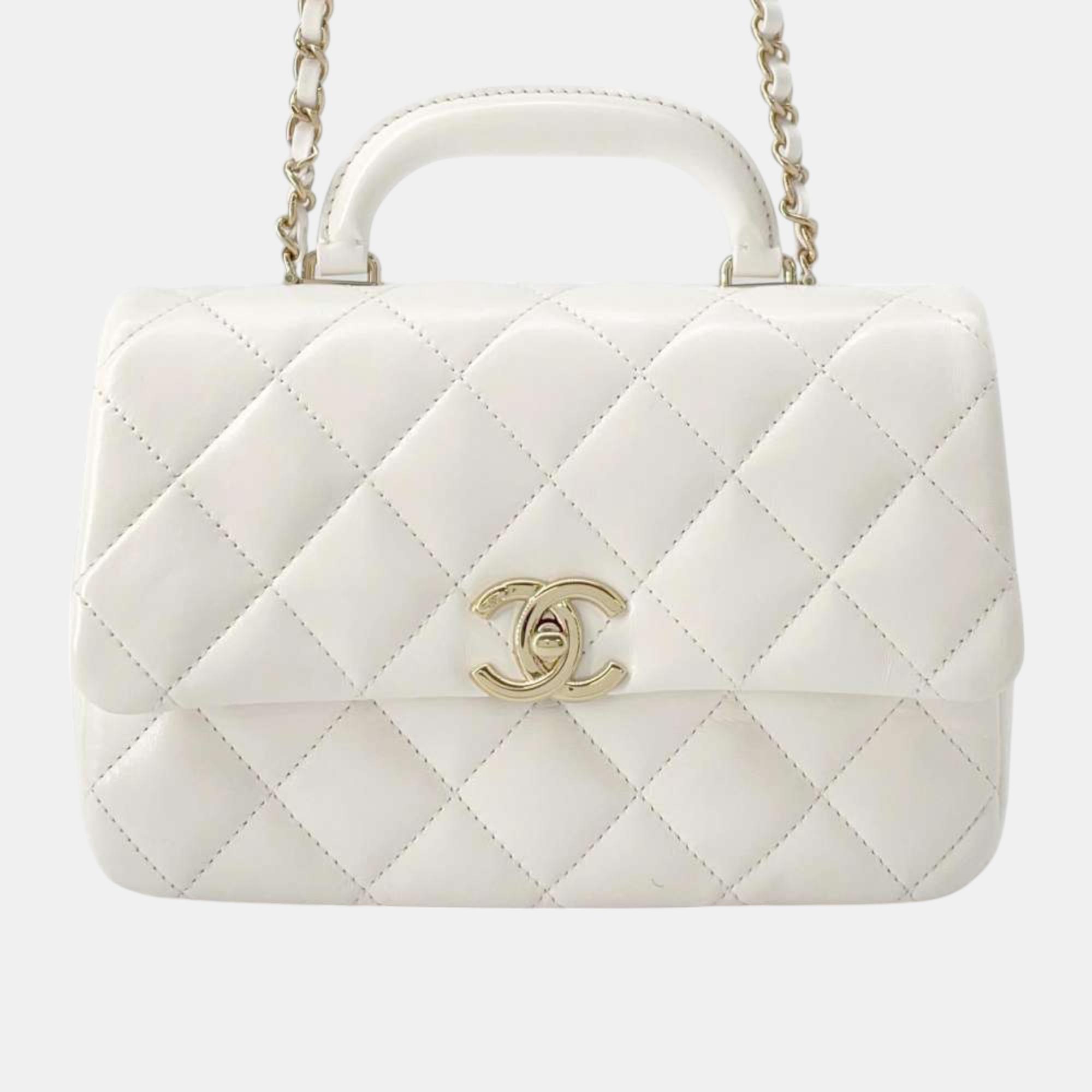 

Chanel White Shiny Calf Leather Top Handle Flap Shoulder Bag