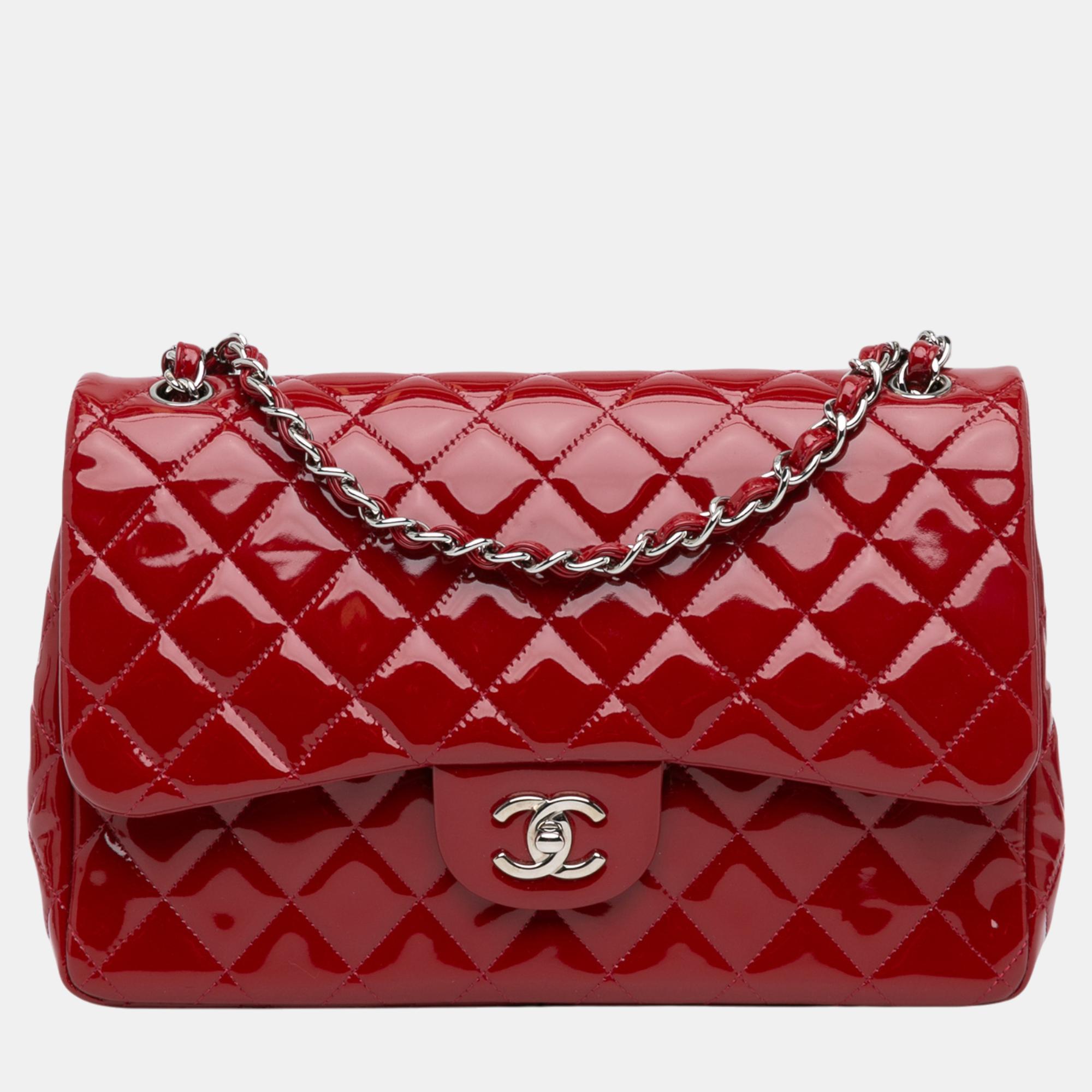 

Chanel Red Jumbo Classic Patent Double Flap