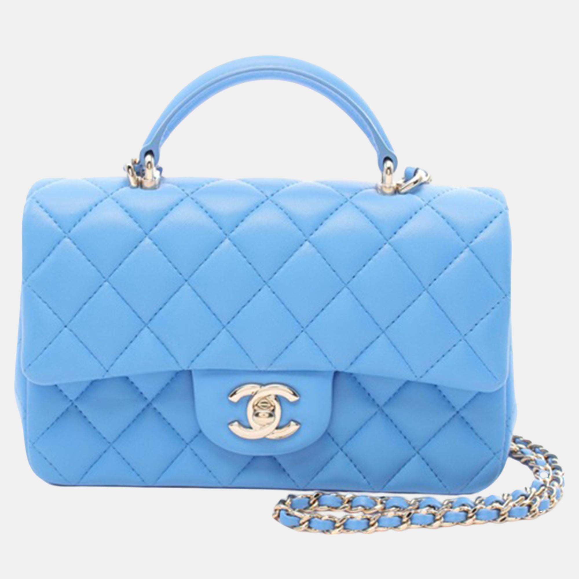 

Chanel Blue Mini Rectangular Lambskin Top Handle Single Flap