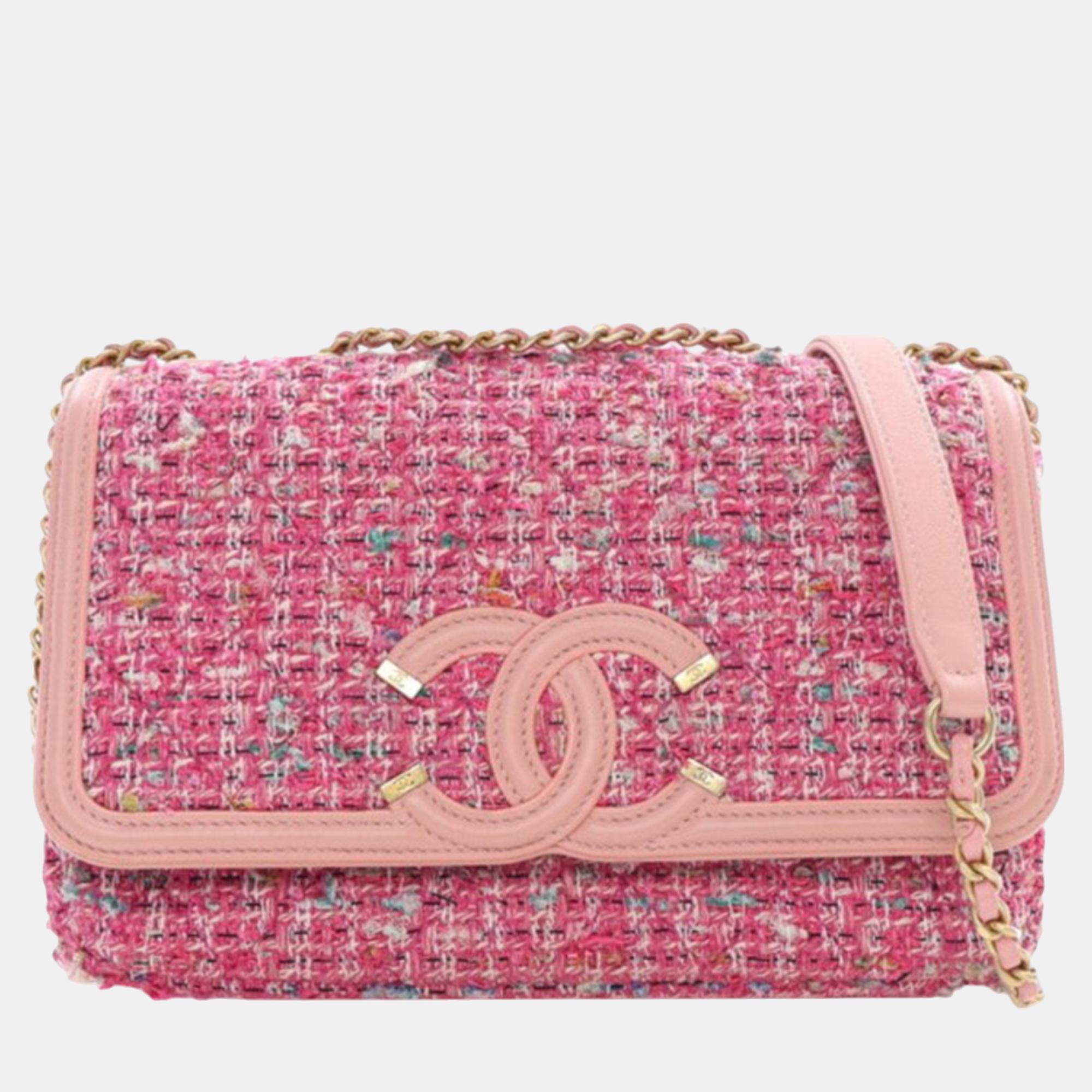 

Chanel Pink Medium Tweed CC Filigree Flap