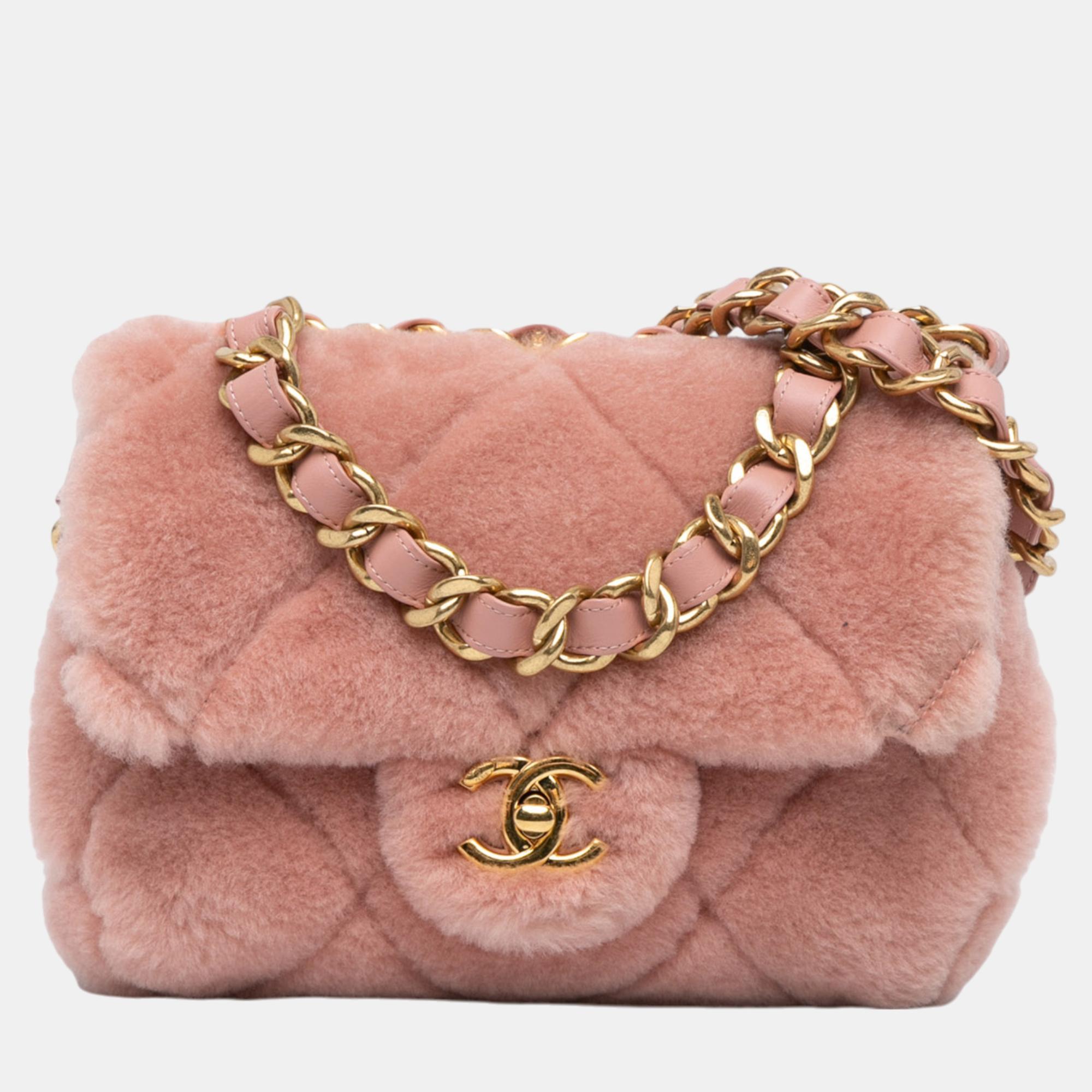 

Chanel Pink Small Quilted Shearling Bar Chain Handle Flap