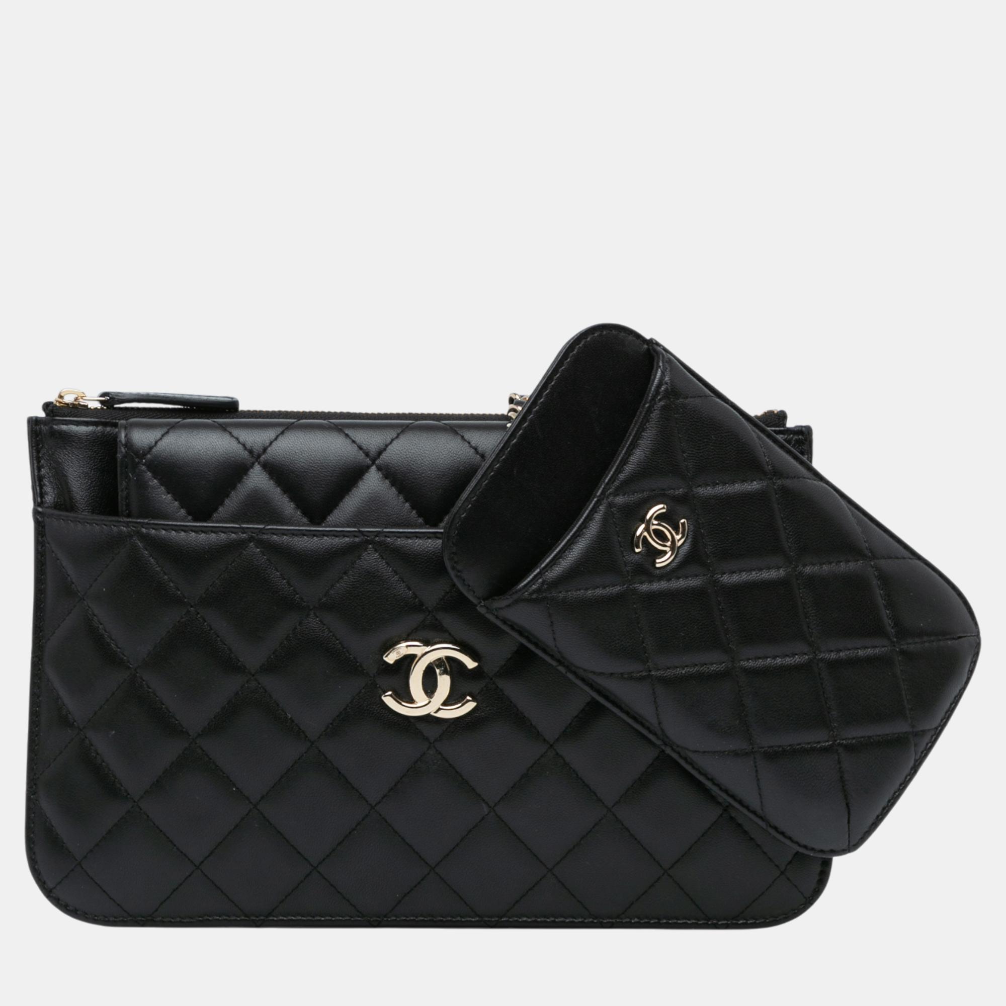 

Chanel Black Quilted Lambskin Bag in a Bag Clutch Set Crossbody