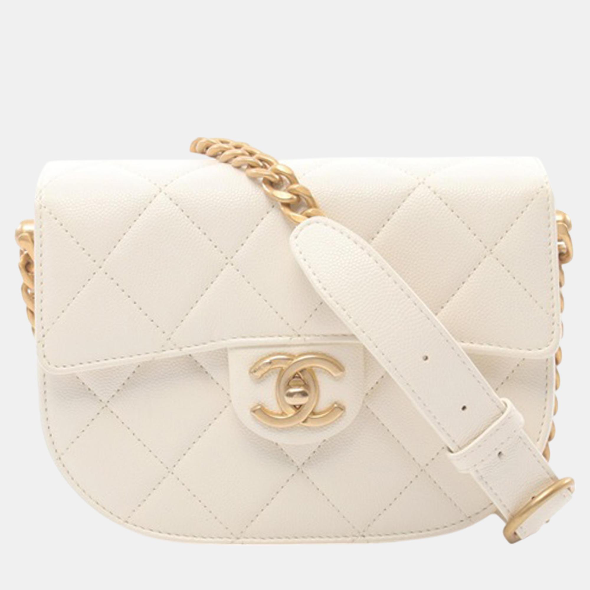 

Chanel White Mini CC Quilted Caviar Round Moon Messenger Flap