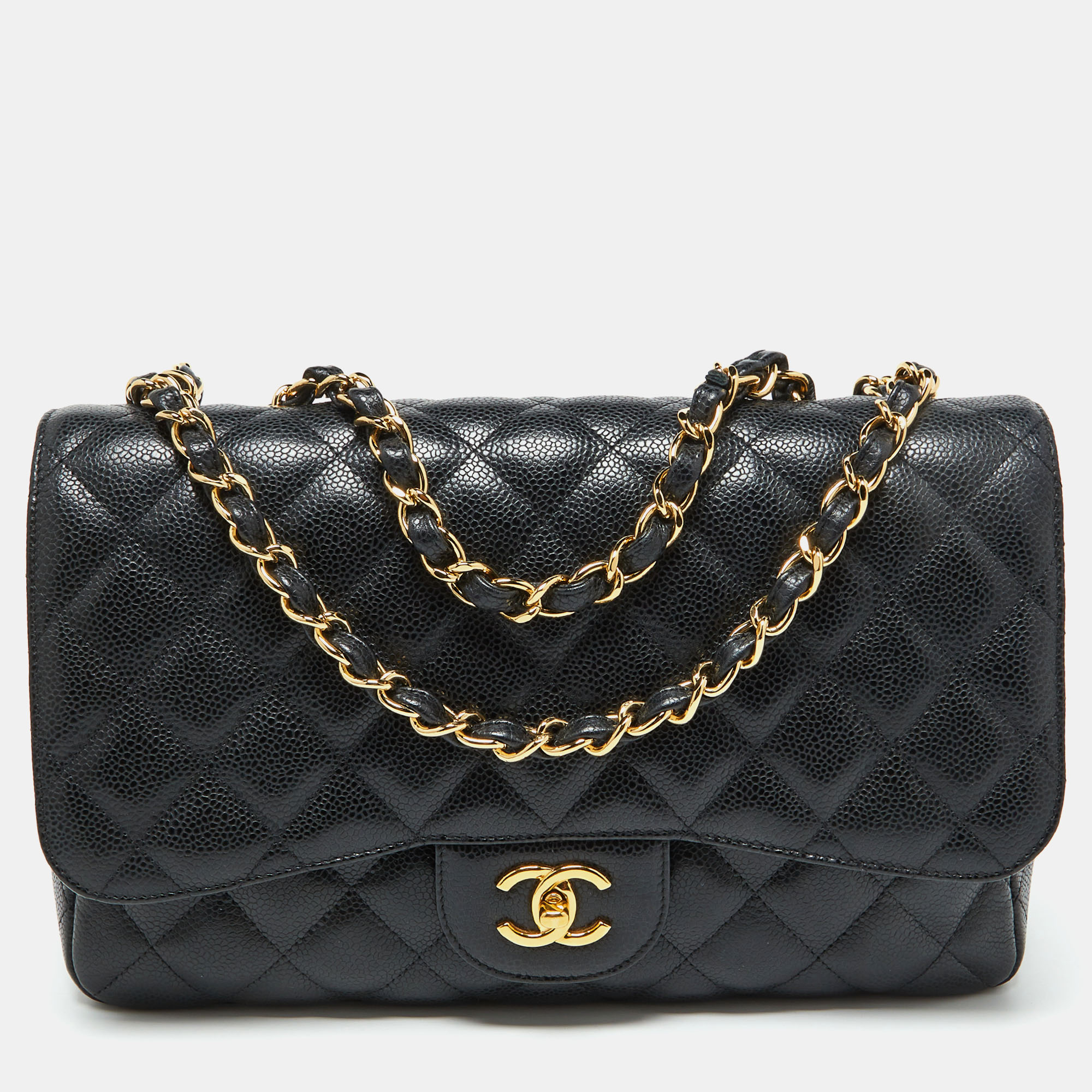 

Chanel Black Quilted Caviar Leather Jumbo Classic Single Flap Bag