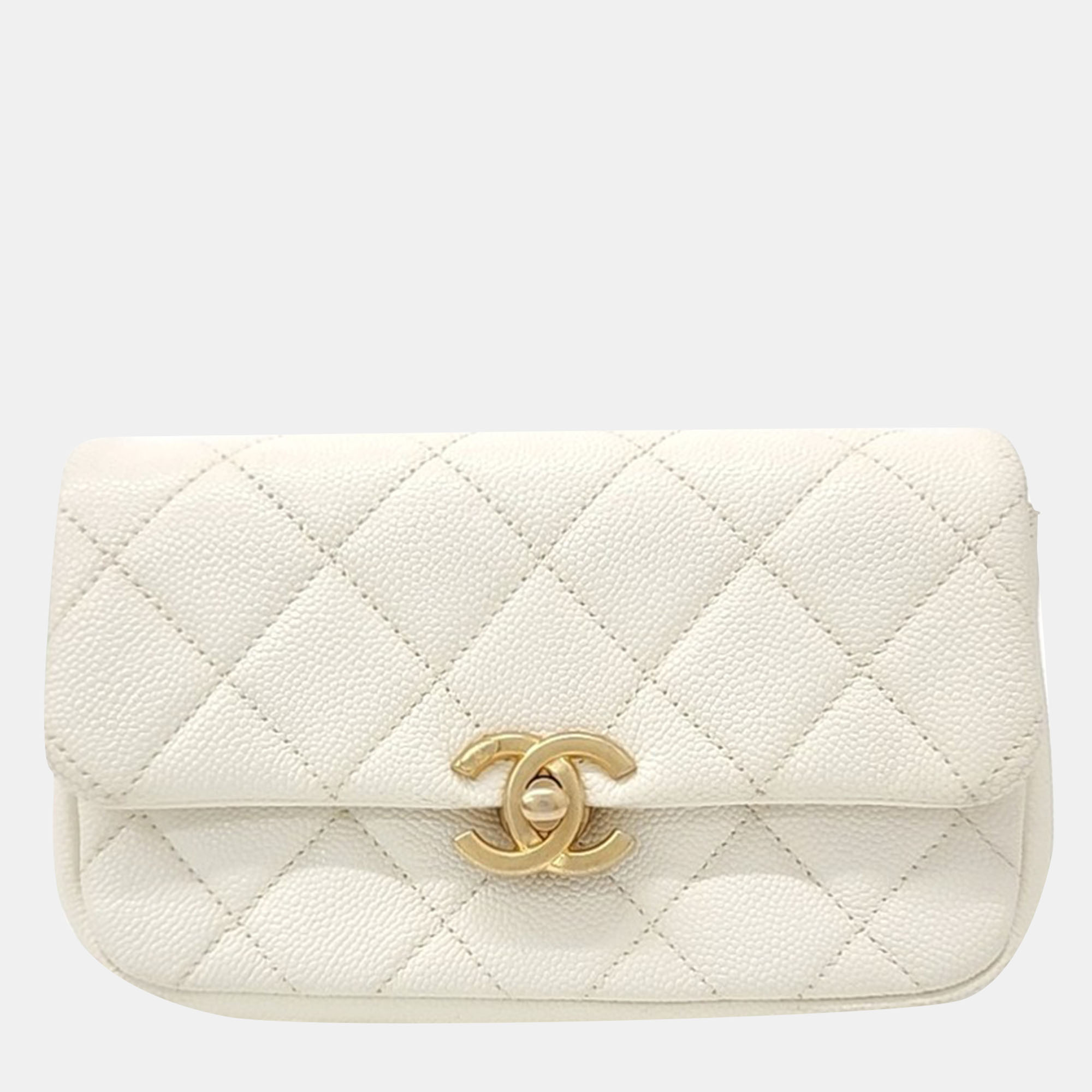 Pre-owned Chanel Caviar Chain Belt Bag In White