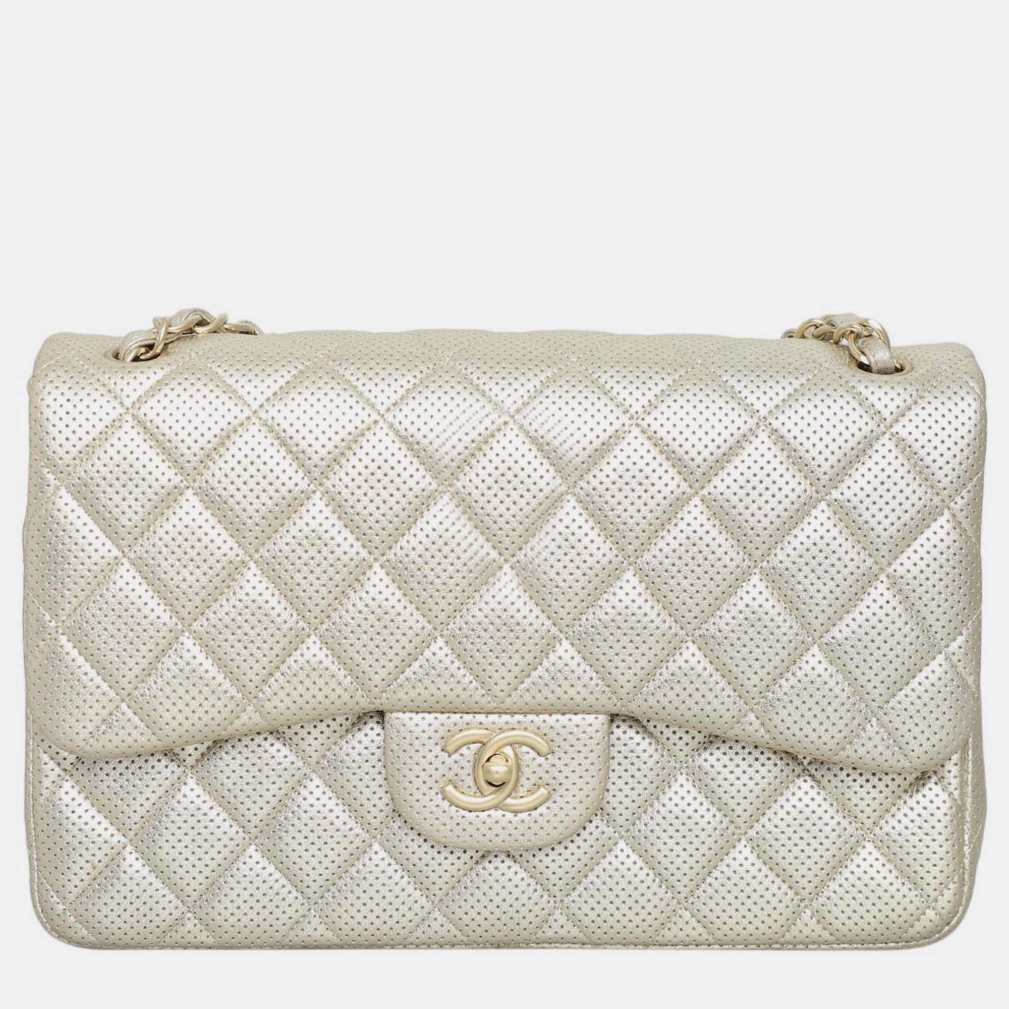 

Chanel Metallic Perforated Jumbo Classic Double Flap Bag, Gold