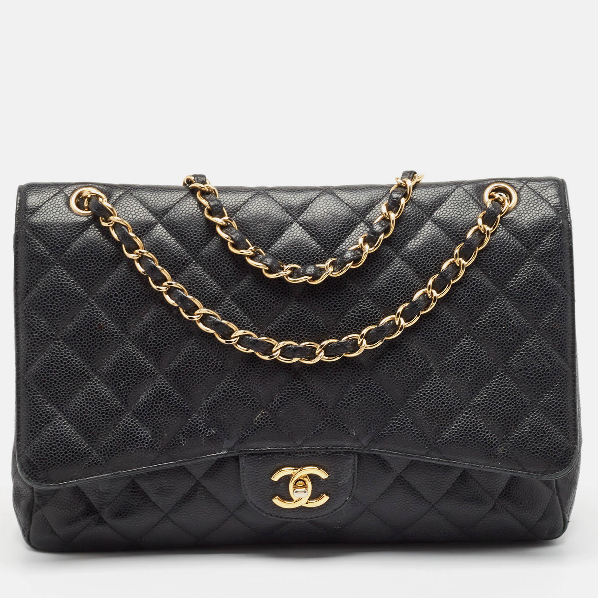 

Chanel Black Quilted Caviar Leather Maxi Classic Single Flap Bag