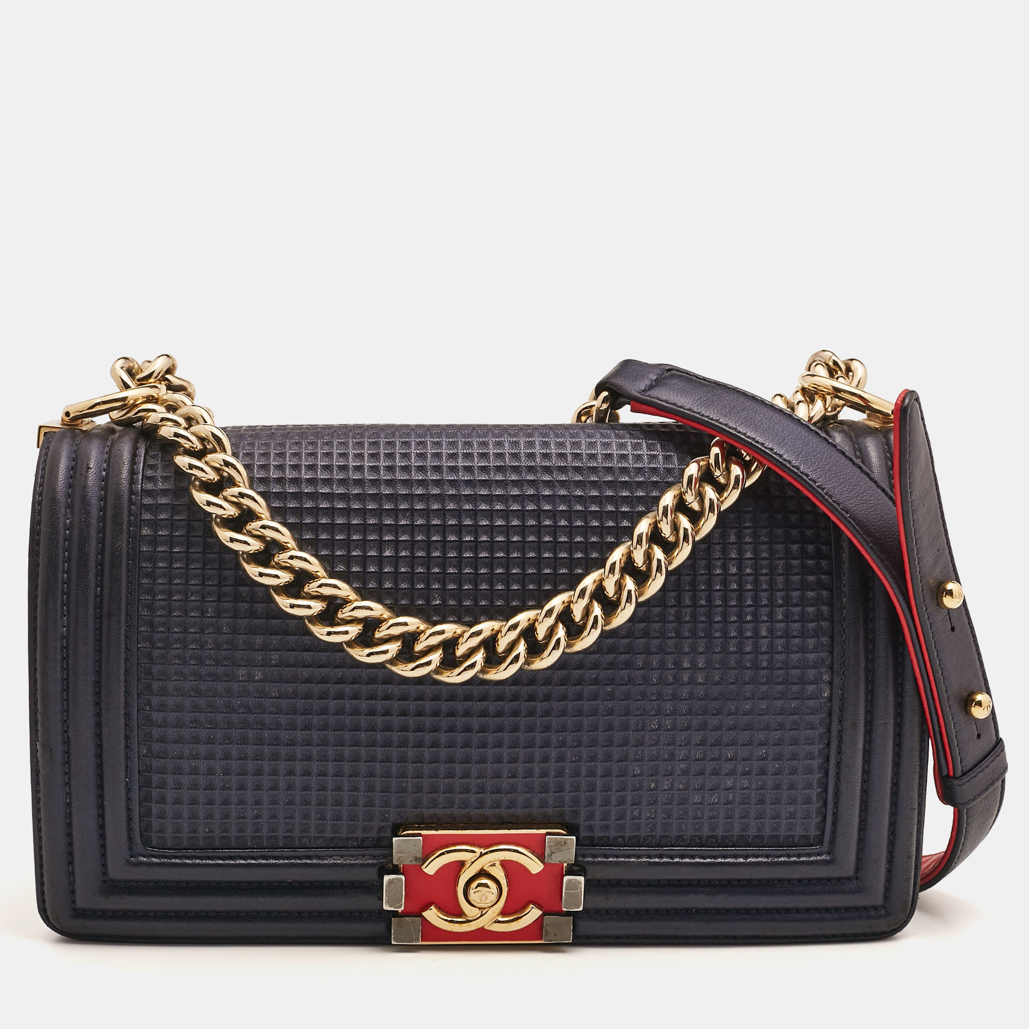 

Chanel Navy Blue Cube Embossed Leather Medium Boy Flap Bag