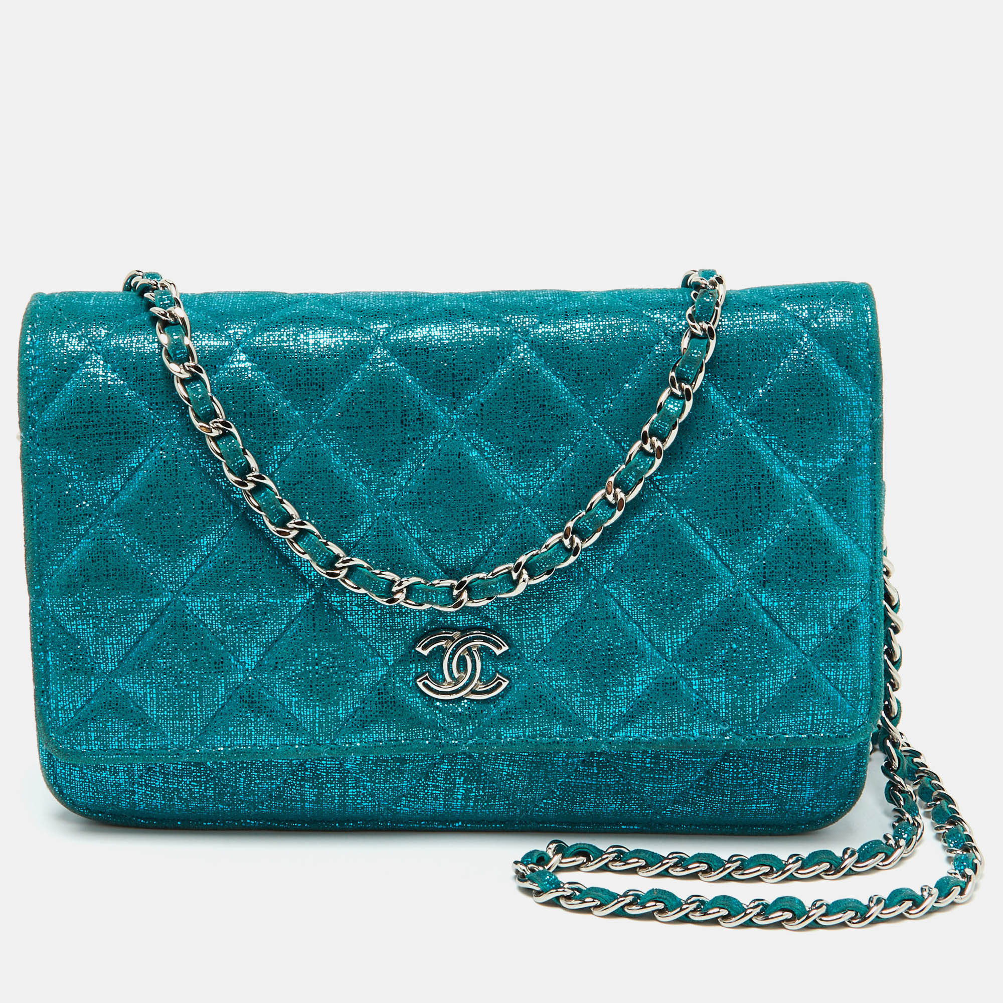 

Chanel Metallic Turquoise Blue Suede Quilted CC Wallet On Chain