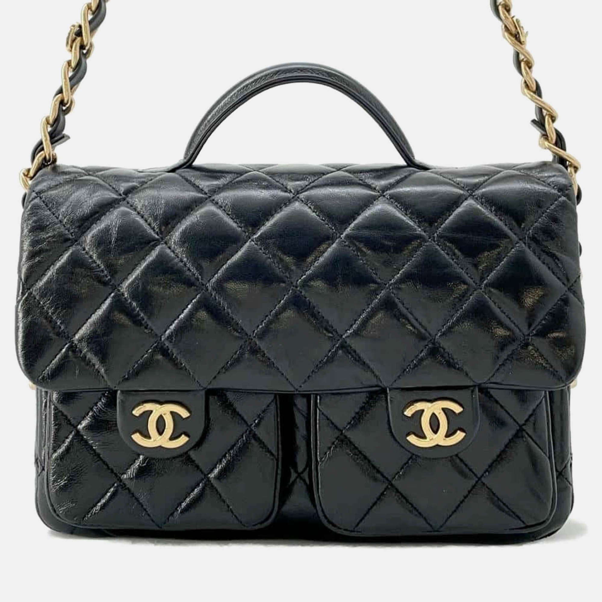 

Chanel Black Shiny Lambskin Top Handle Double Pocket Flap Shoulder Bag