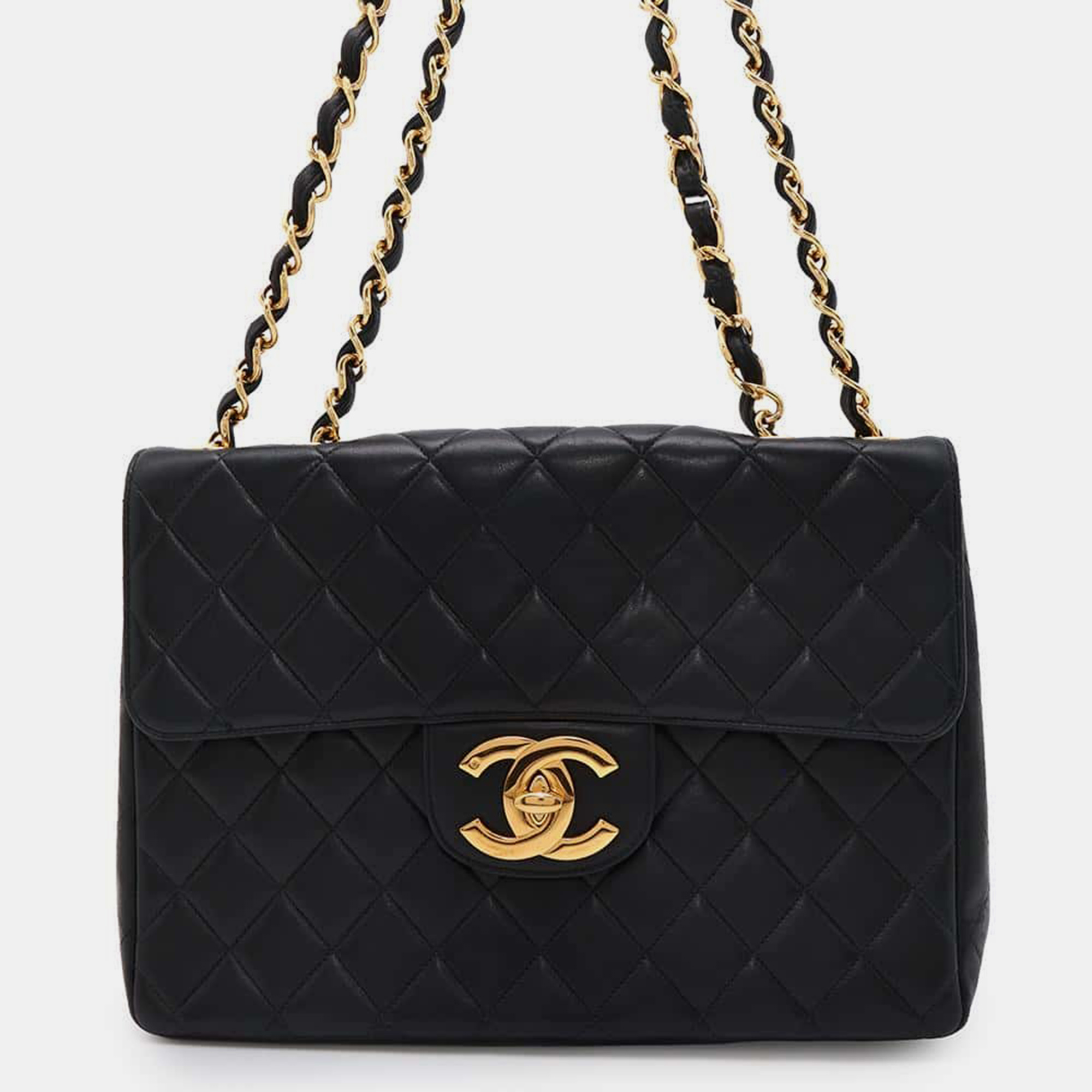 

Chanel Black Lambskin Jumbo Matelasse Chain Shoulder bag Size