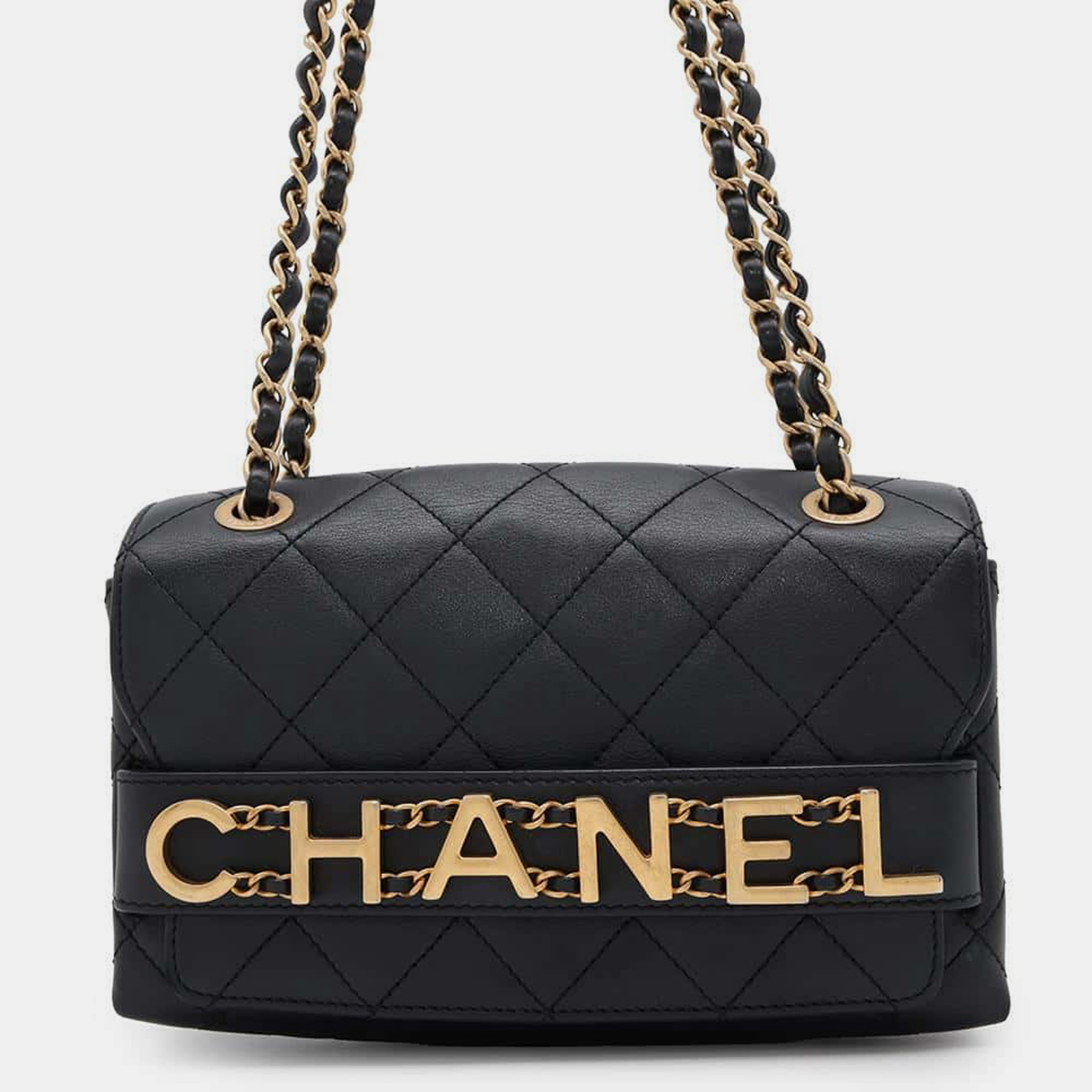 

Chanel Black Lambskin Logo Chain Shoulder Bag