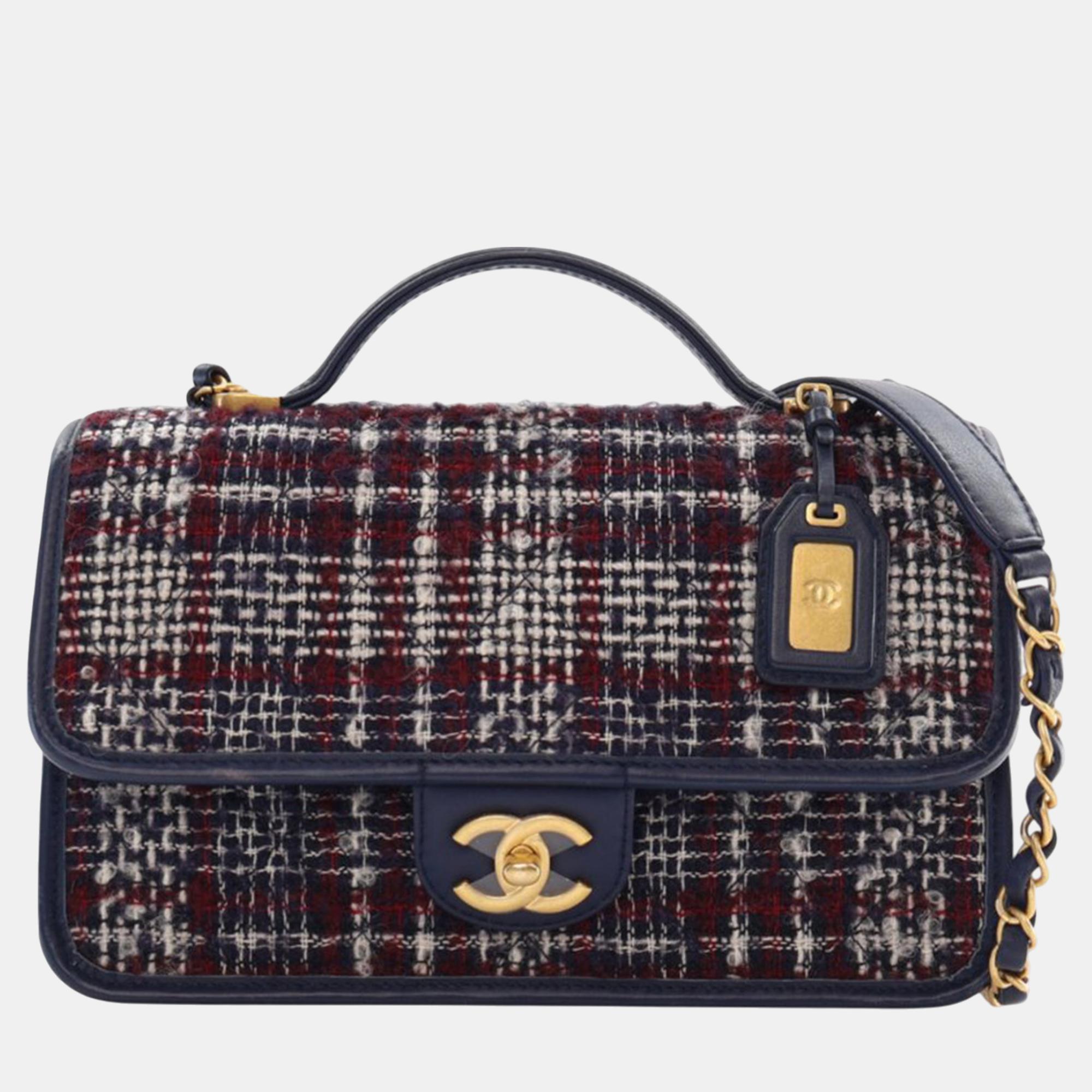 

Chanel Blue/Red Small Tweed School Memory Top Handle Flap