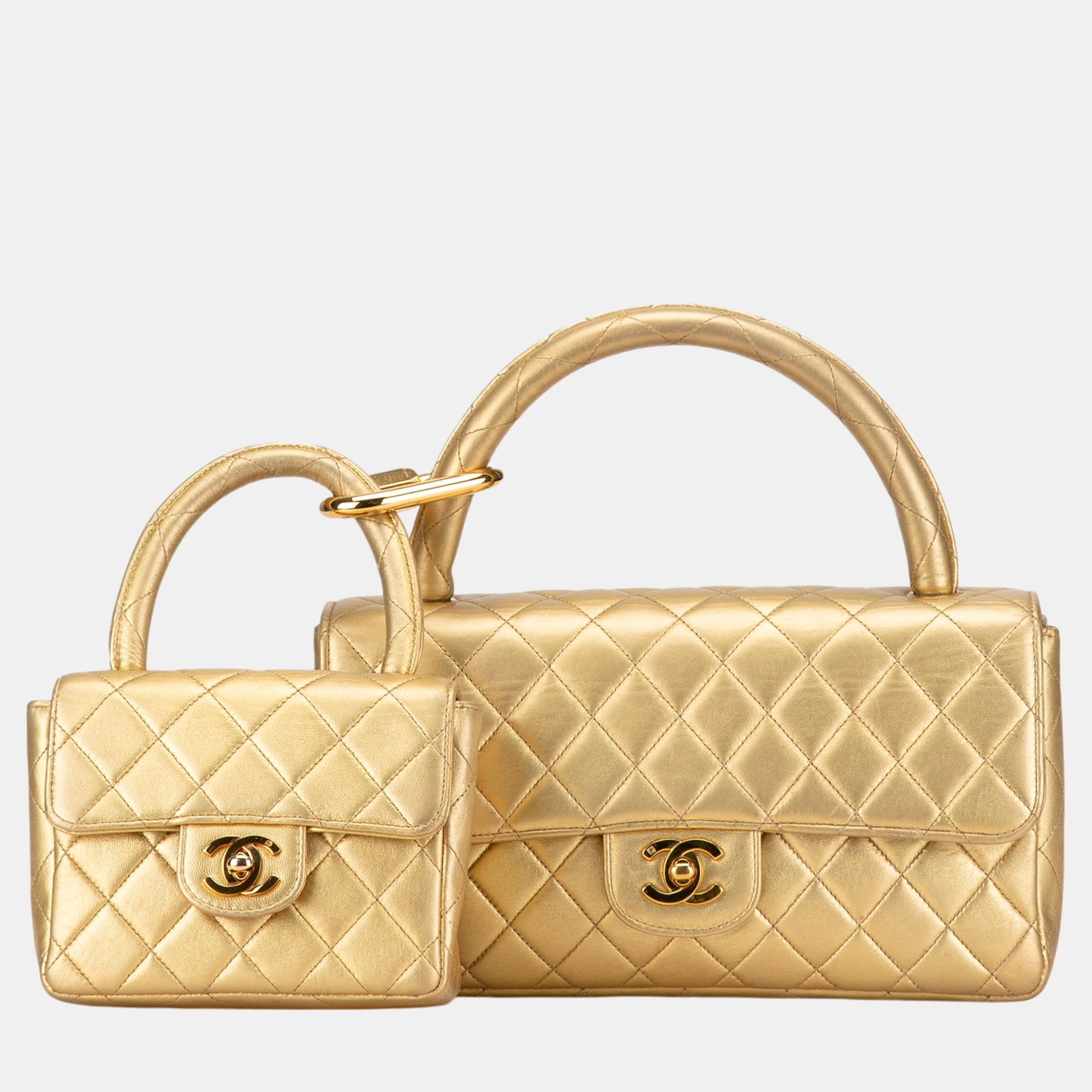 

Chanel Gold Lambskin Parent Child Kelly Set Top Handle Bag