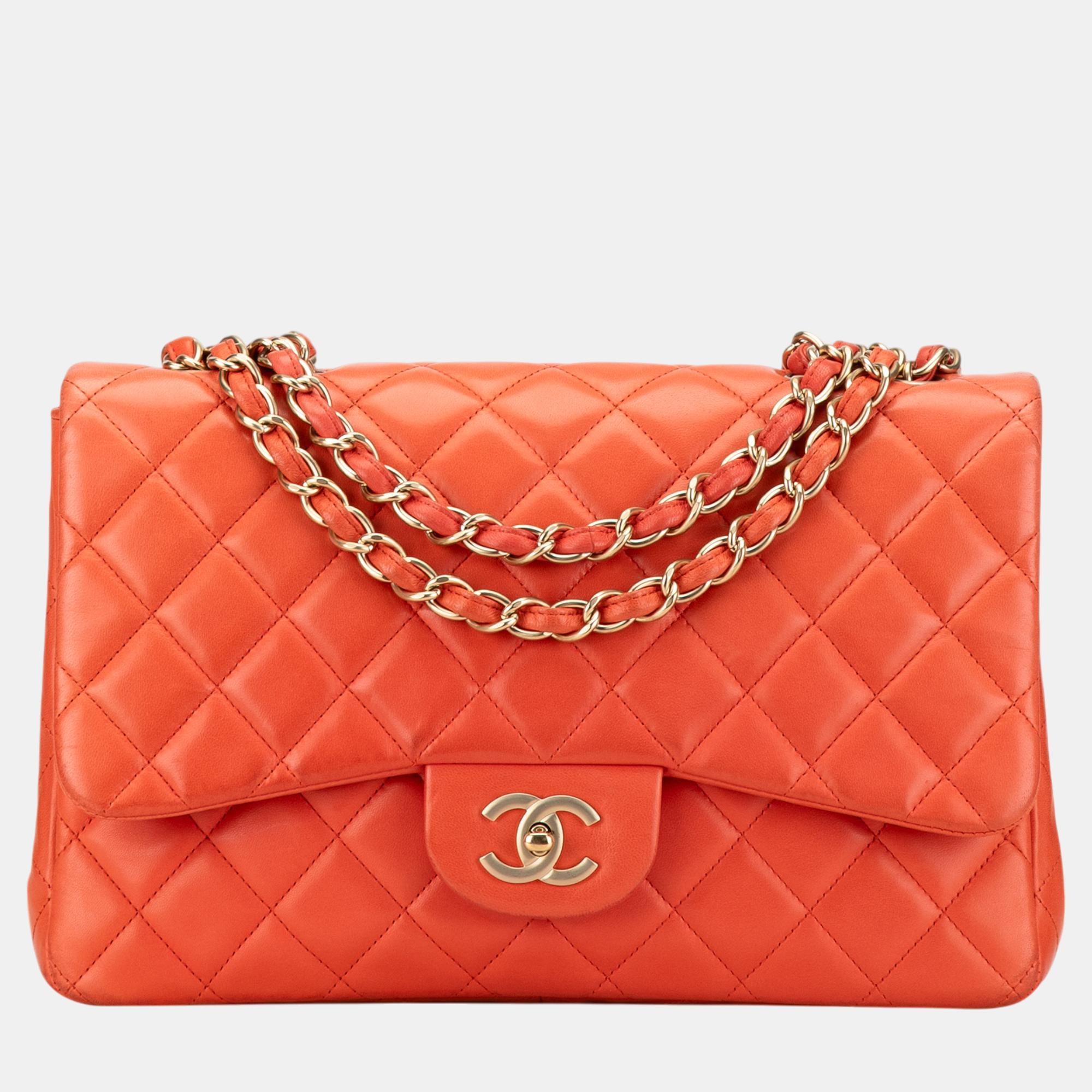 

Chanel Orange Jumbo Classic Lambskin Single Flap