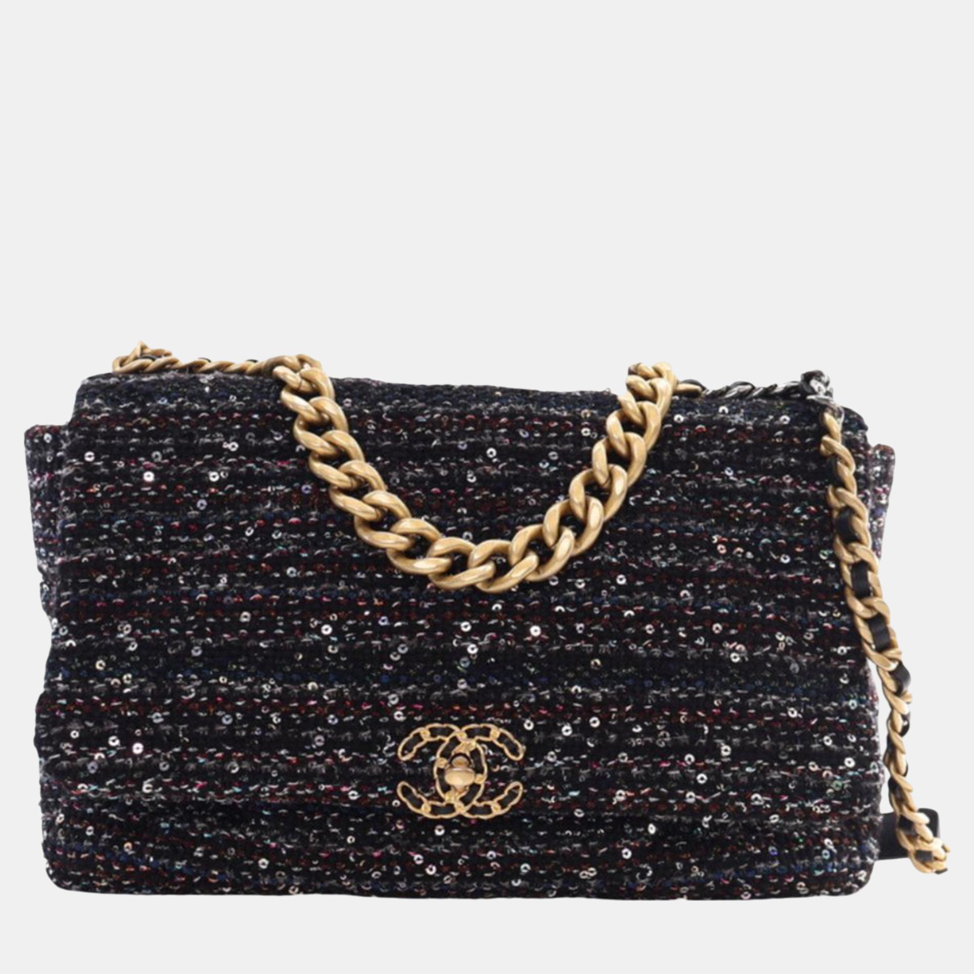 

Chanel Black Maxi Tweed Sequin 19 Flap