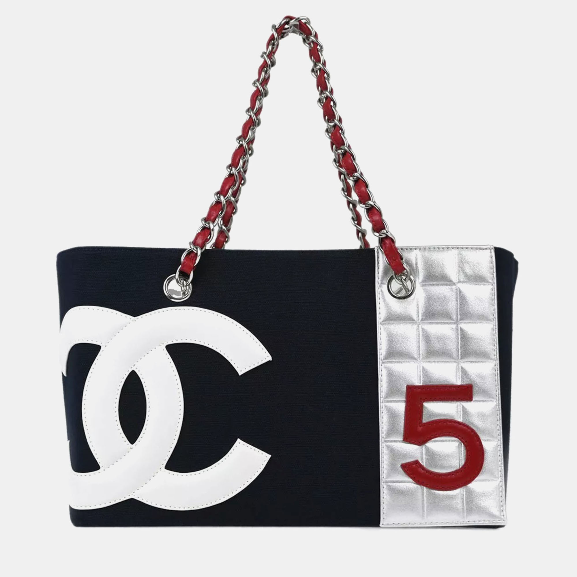 

Chanel Navy Silver Canvas No.5 Choco Bar Tote Handbag, Multicolor