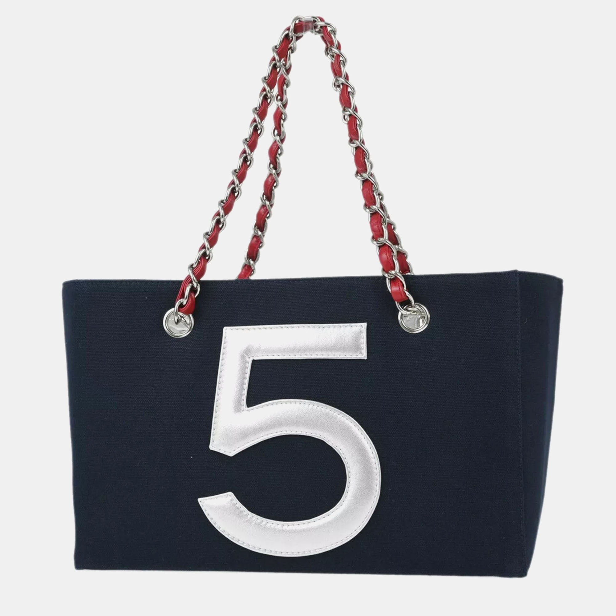 Chanel Navy Silver Canvas No.5 Choco Bar Tote Handbag 