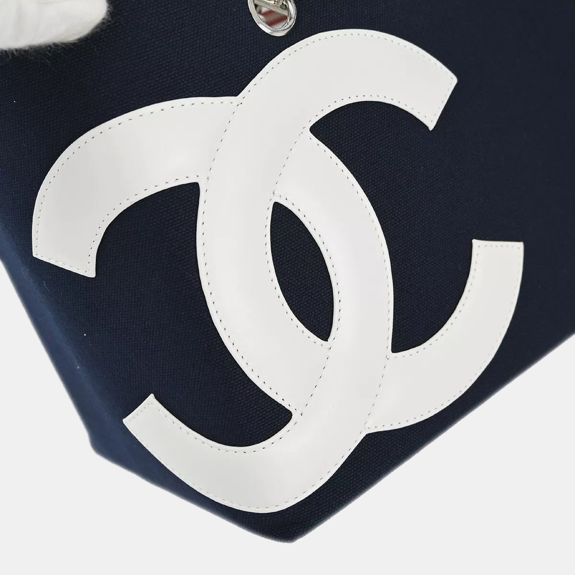 Chanel Navy Silver Canvas No.5 Choco Bar Tote Handbag 