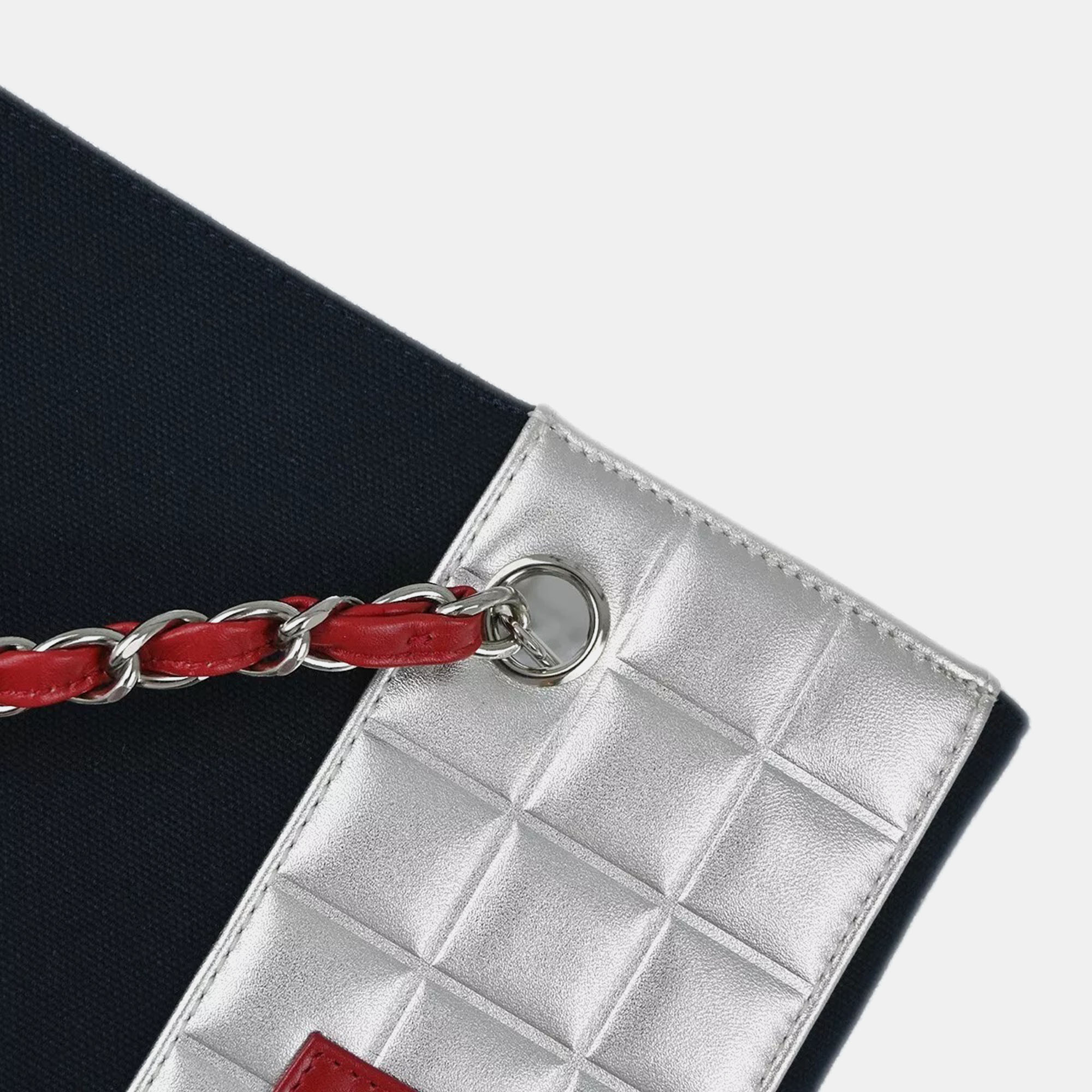 Chanel Navy Silver Canvas No.5 Choco Bar Tote Handbag 