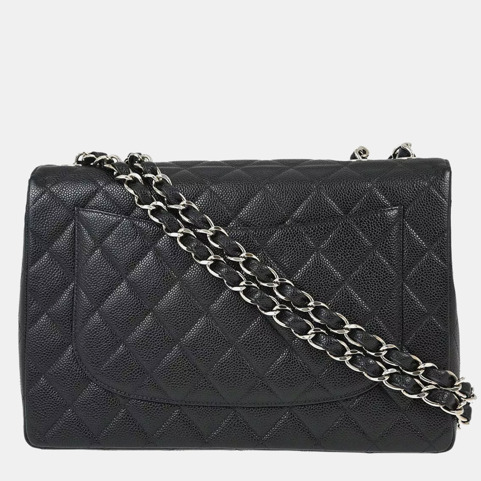Chanel Black Calfskin Jumbo Classic Flap Shoulder Bag 