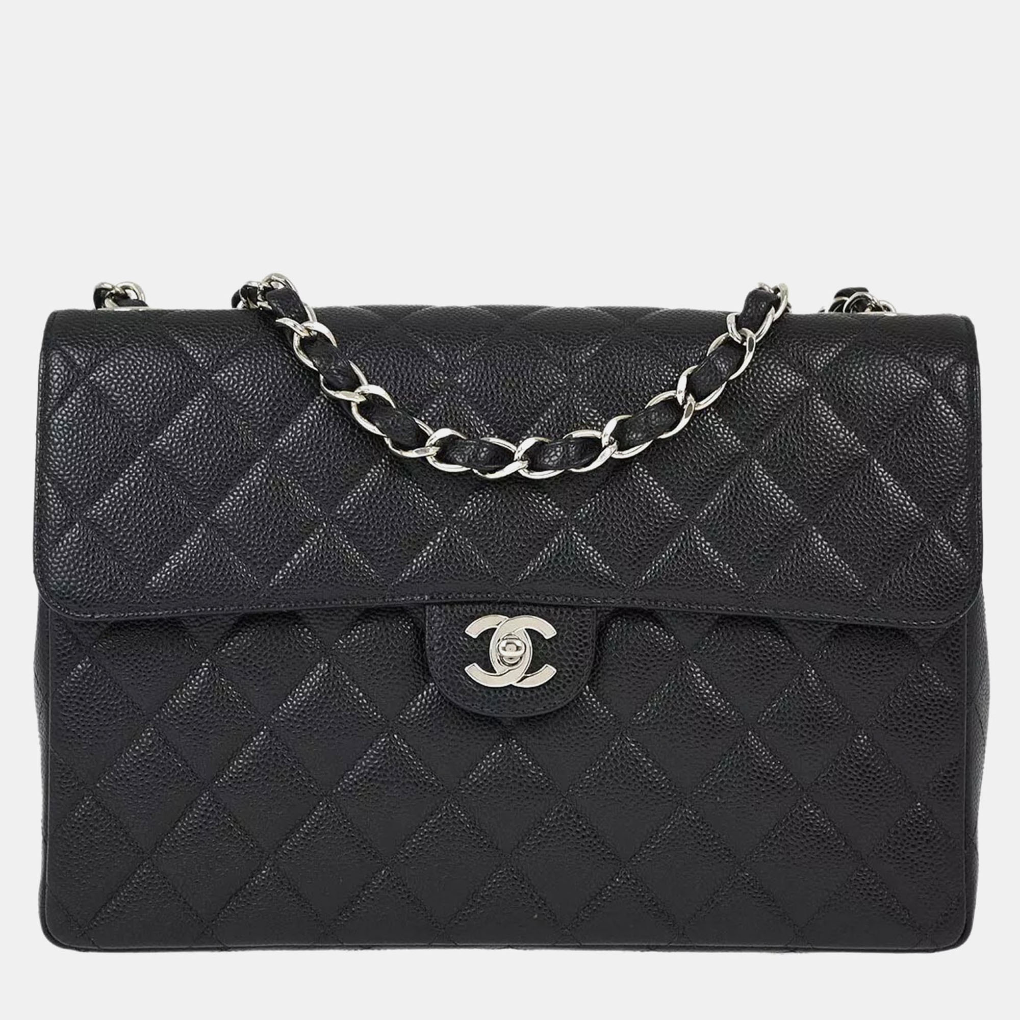 Chanel Black Calfskin Jumbo Classic Flap Shoulder Bag 