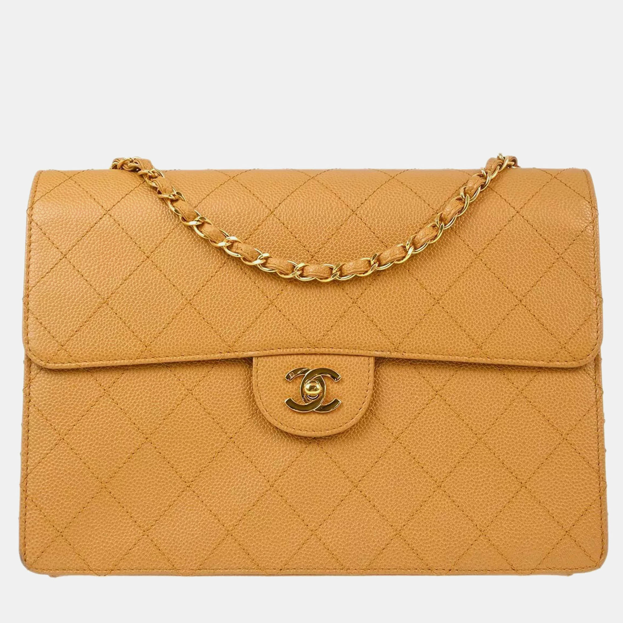 

Chanel Beige Calfskin Single Flap Shoulder Bag