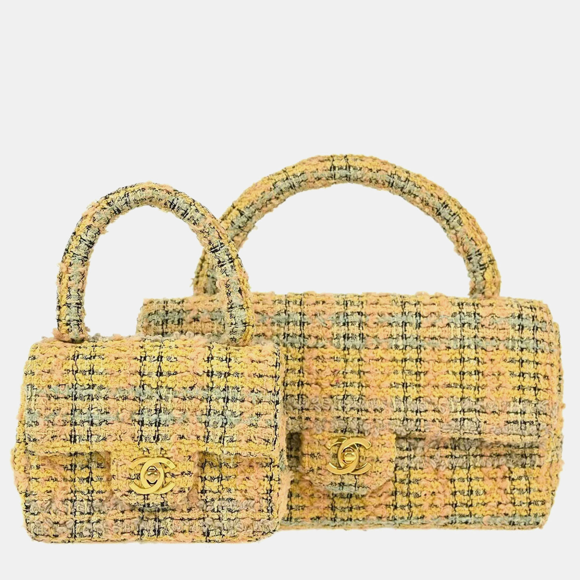 

Chanel Yellow Tweed Classic Single Flap 2 In 1 Hand Bag Set